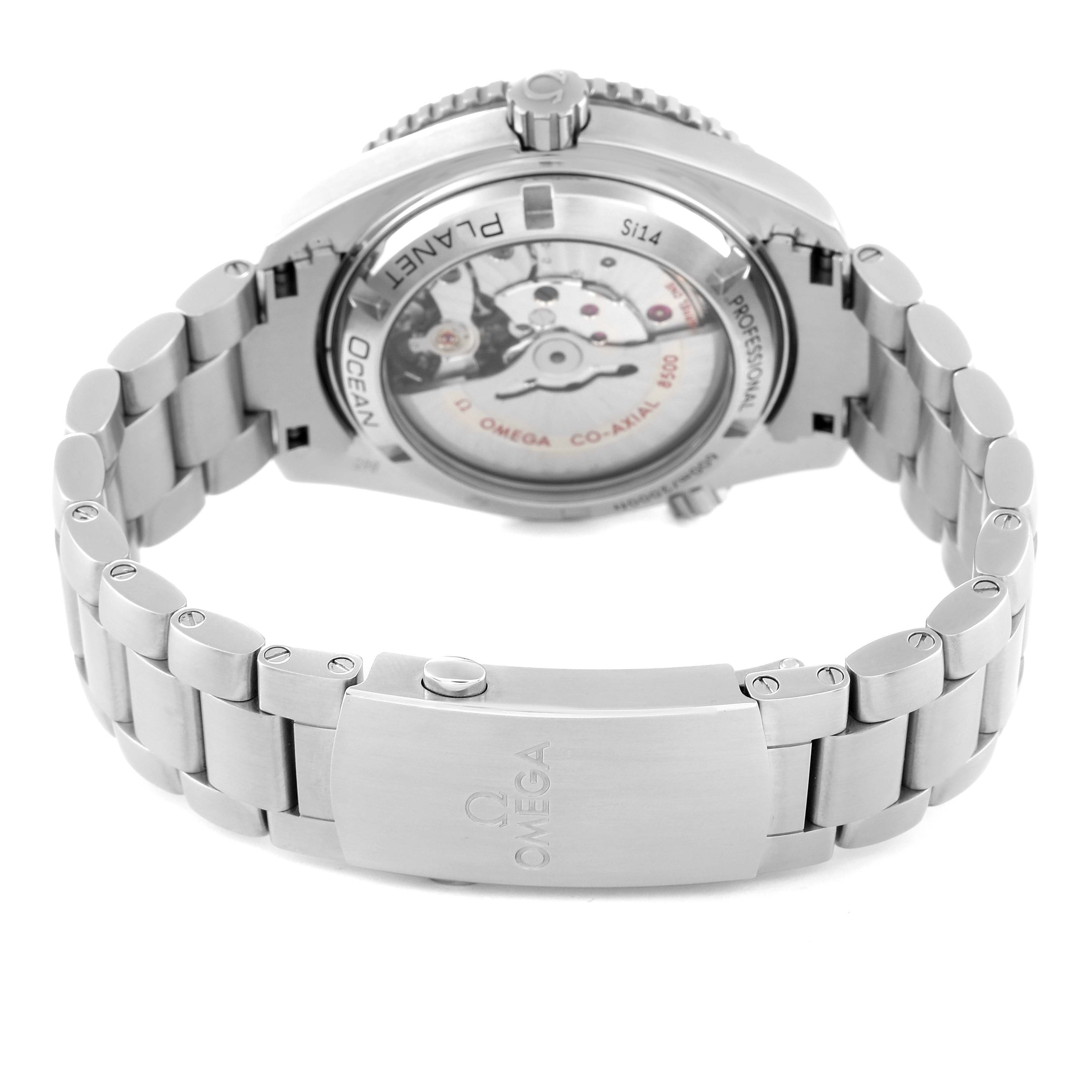 This image shows the back view of an Omega Planet Ocean 232.30.42.21.01.002 Men
s Stainless Steel Black Dial 232.30.42.21.01.002 Men
s Stainless Steel Black Dial watch, focusing on the movement through the transparent case back and the bracelet with clasp.