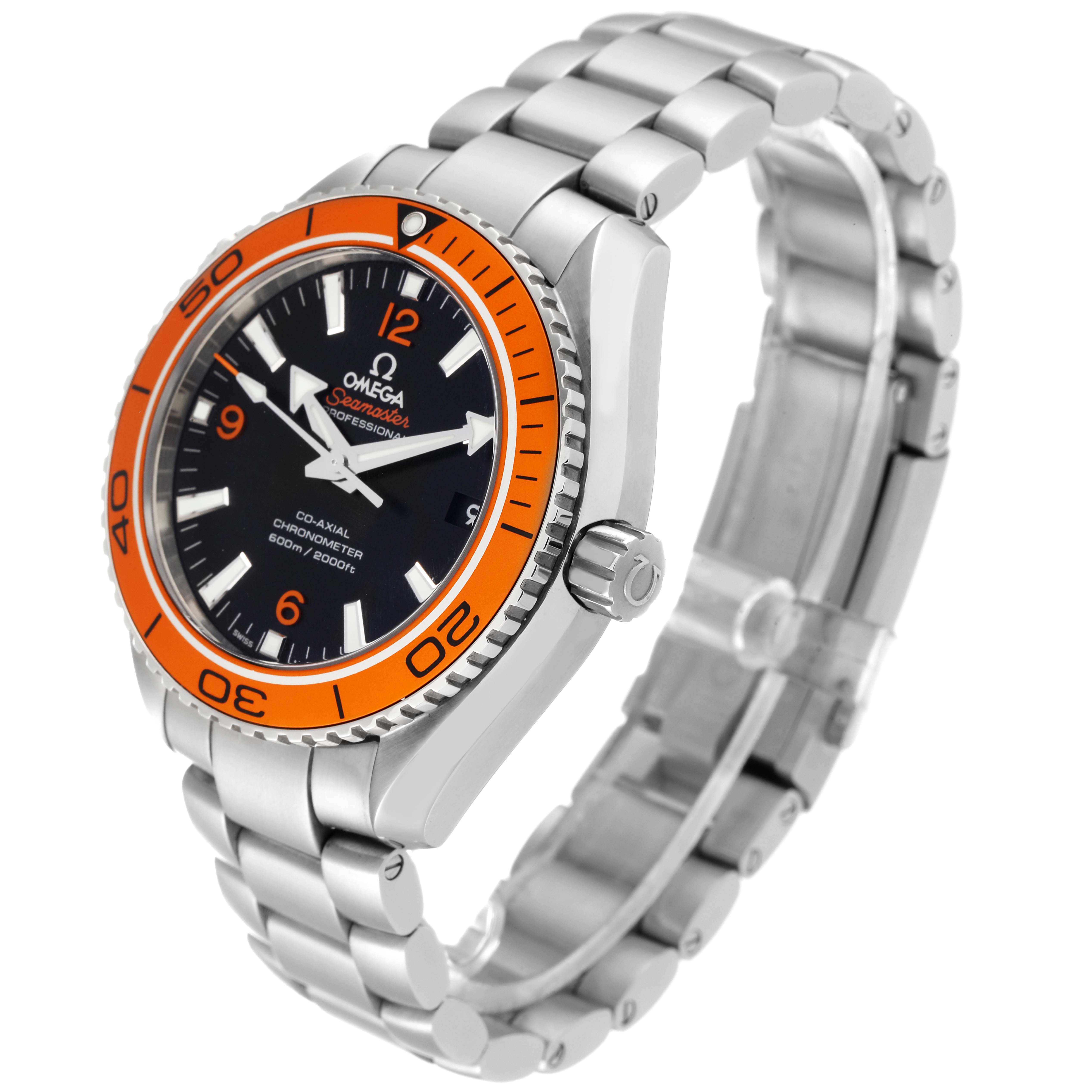 The image shows a side view of the Omega Planet Ocean 232.30.42.21.01.002 Men
s Stainless Steel Black Dial 232.30.42.21.01.002 Men
s Stainless Steel Black Dial watch highlighting its bezel, dial, crown, and bracelet.