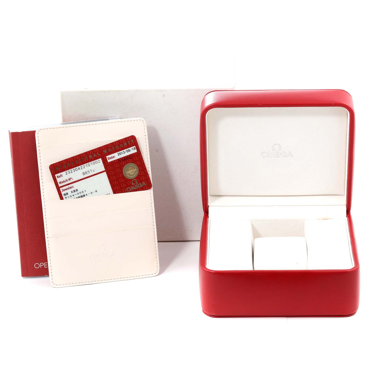 The image shows the Omega Planet Ocean 232.30.42.21.01.002 Men
s Stainless Steel Black Dial 232.30.42.21.01.002 Men
s Stainless Steel Black Dial watch accessories, including a watch box, warranty card, and holder.