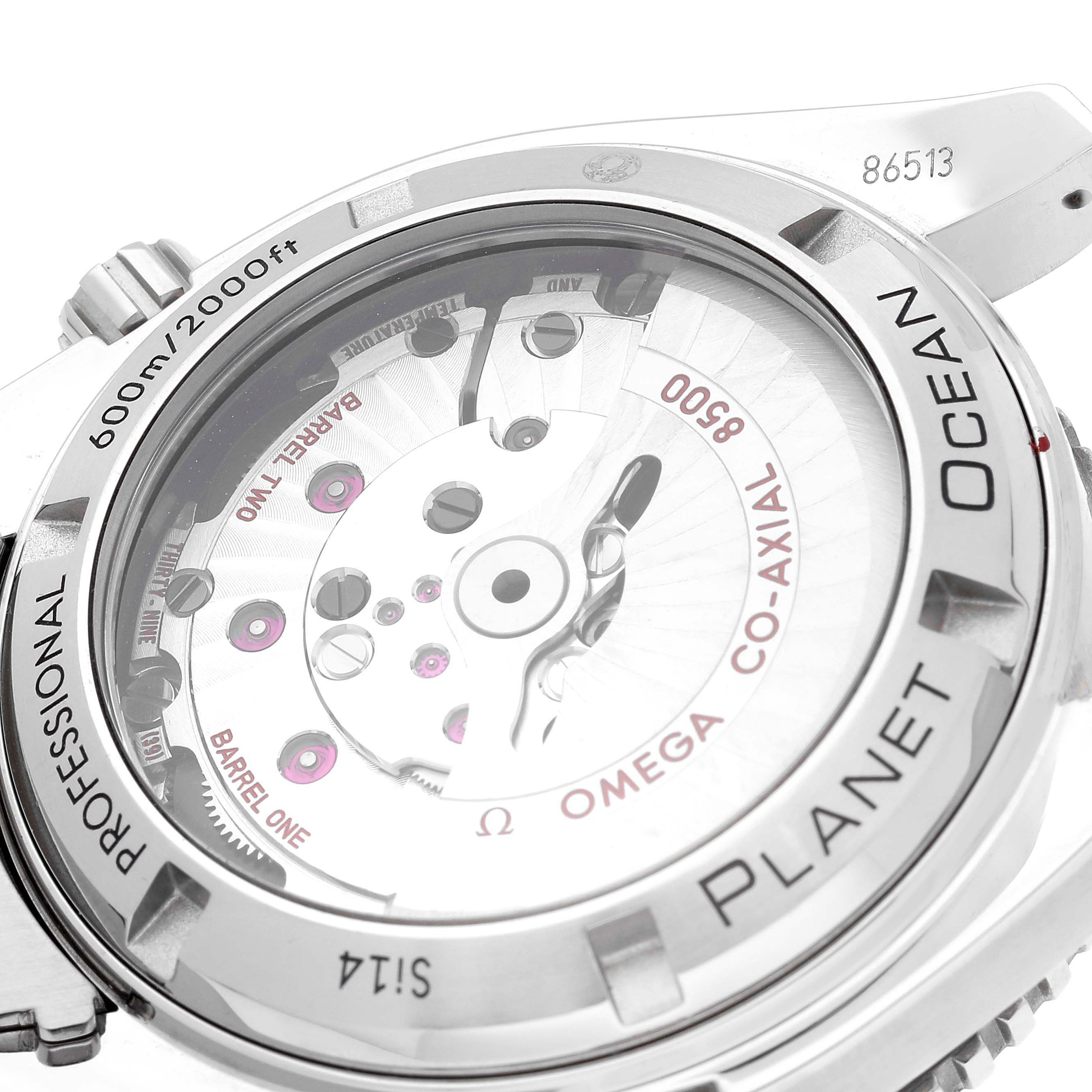 This image shows the back of the Omega Planet Ocean 232.30.42.21.01.002 Men
s Stainless Steel Black Dial 232.30.42.21.01.002 Men
s Stainless Steel Black Dial watch, highlighting the movement and case back details.