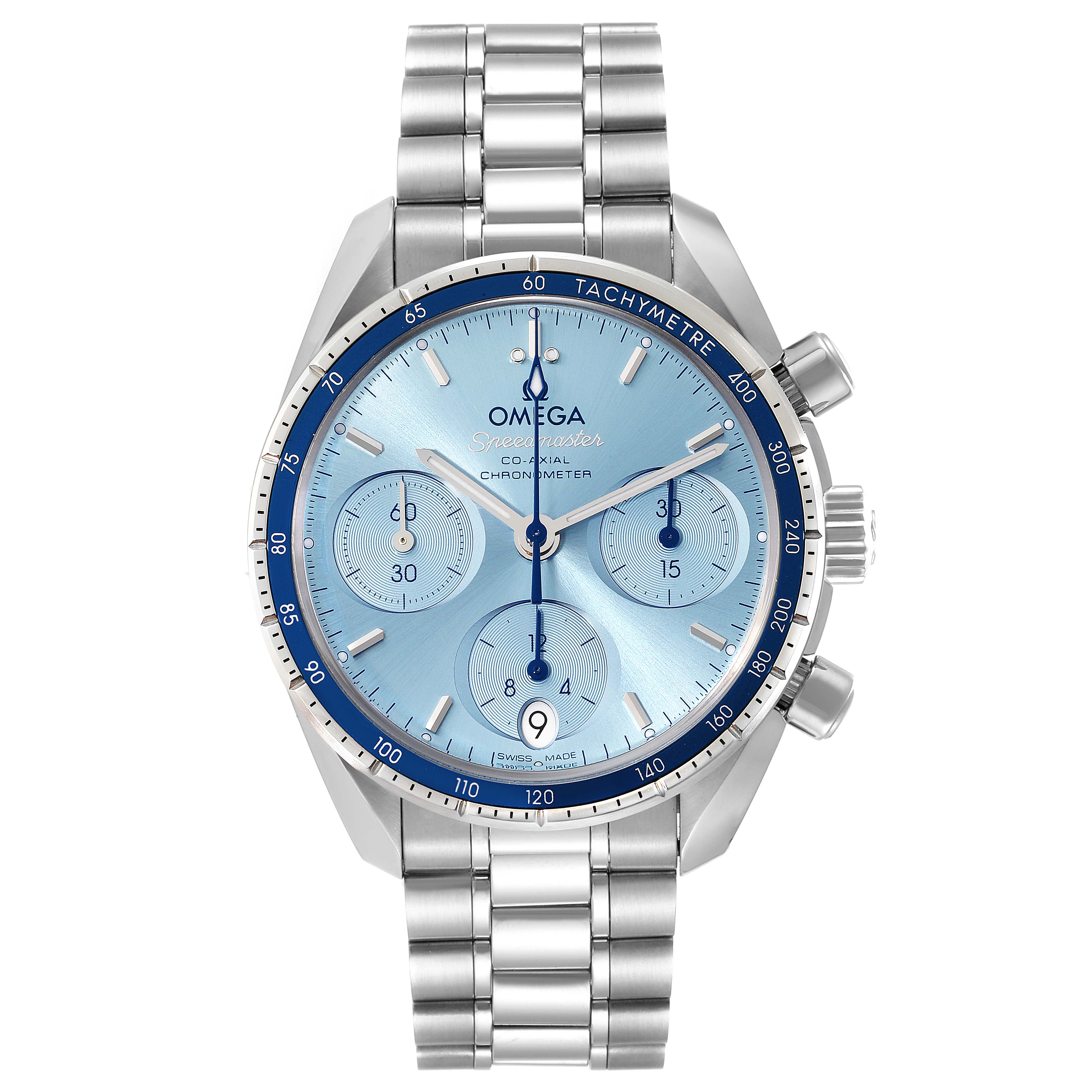 The Omega Speedmaster 324.30.38.50.03.001 Men
s Stainless Steel Blue Dial 324.30.38.50.03.001 Men
s Stainless Steel Blue Dial watch is shown from a front angle, displaying its face, bracelet, and chronograph pushers.