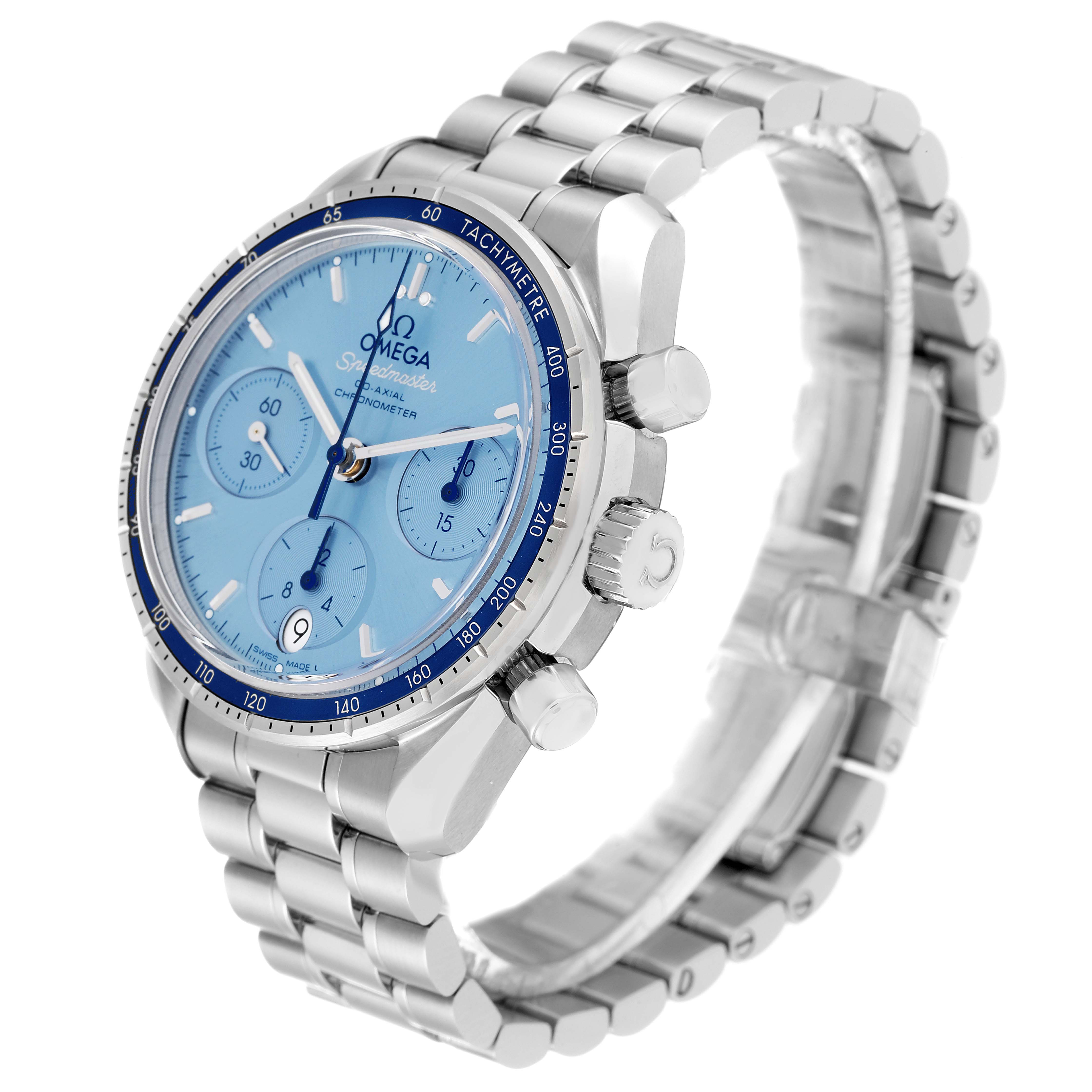 The Omega Speedmaster 324.30.38.50.03.001 Men
s Stainless Steel Blue Dial 324.30.38.50.03.001 Men
s Stainless Steel Blue Dial watch is shown at a three-quarter angle, highlighting the dial, bezel, and bracelet.
