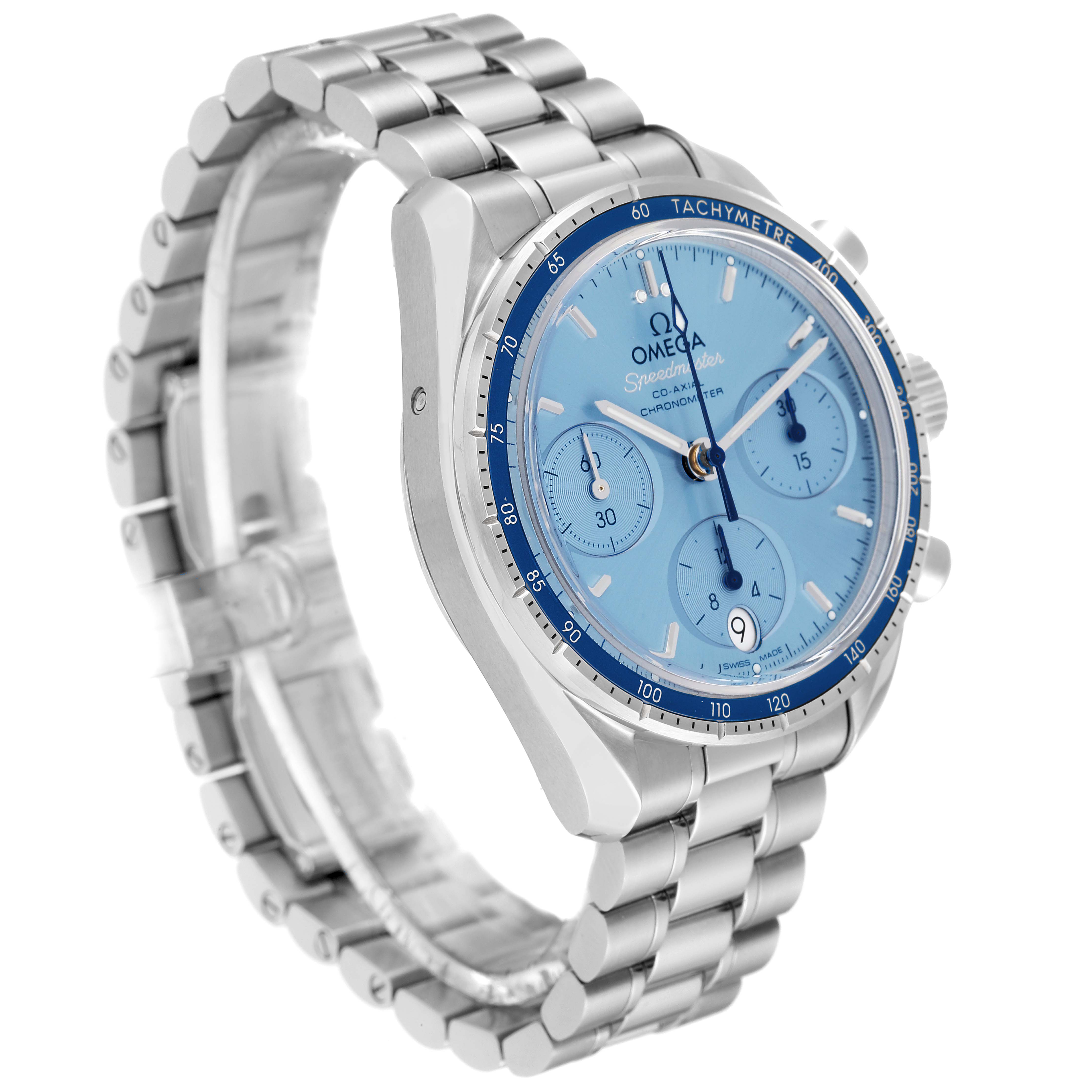 The Omega Speedmaster 324.30.38.50.03.001 Men
s Stainless Steel Blue Dial 324.30.38.50.03.001 Men
s Stainless Steel Blue Dial watch is shown at a three-quarter angle highlighting its blue dial, tachymeter bezel, and metal bracelet.