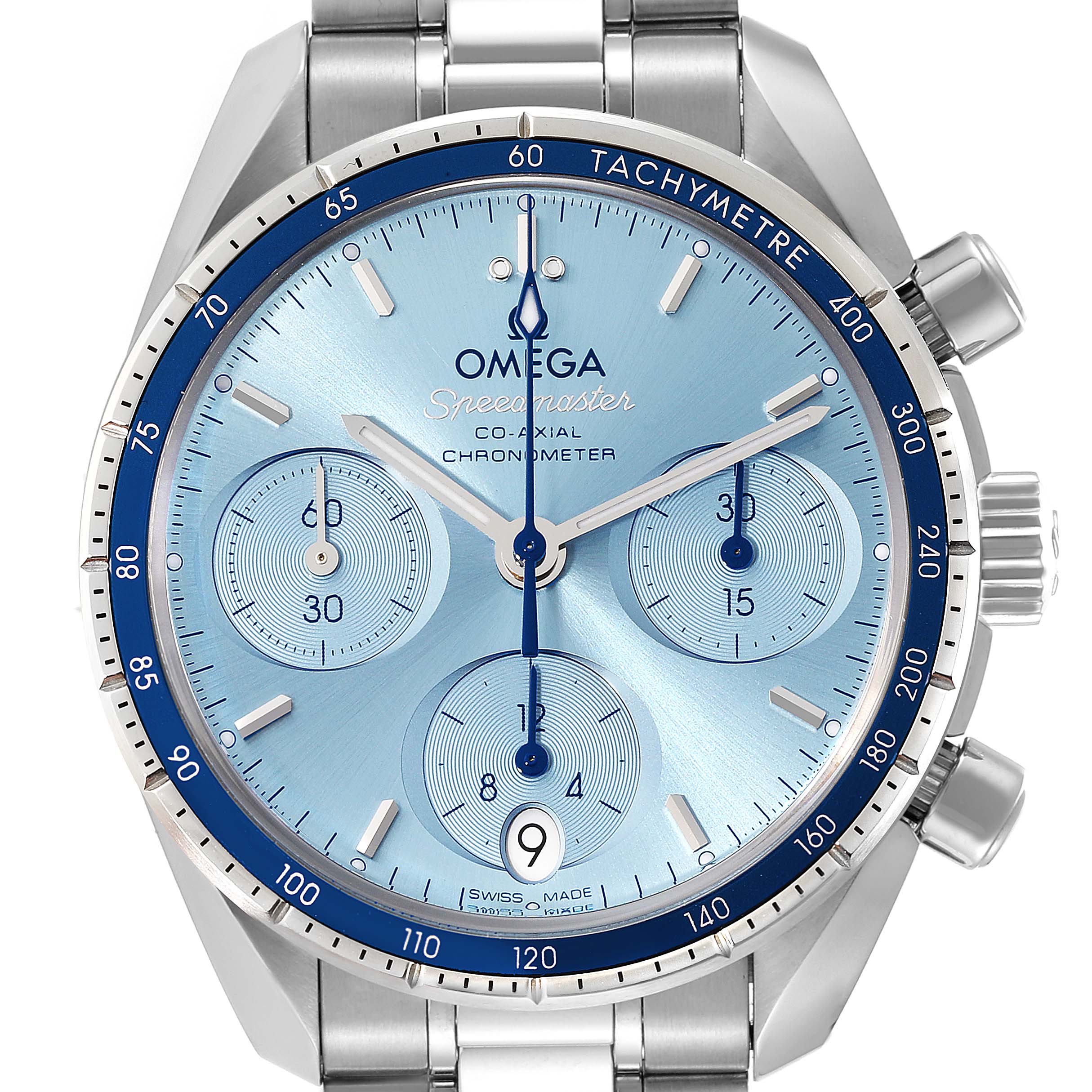 This image shows a front view of an Omega Speedmaster 324.30.38.50.03.001 Men
s Stainless Steel Blue Dial 324.30.38.50.03.001 Men
s Stainless Steel Blue Dial watch, highlighting its dial, tachymeter bezel, and chronograph subdials.