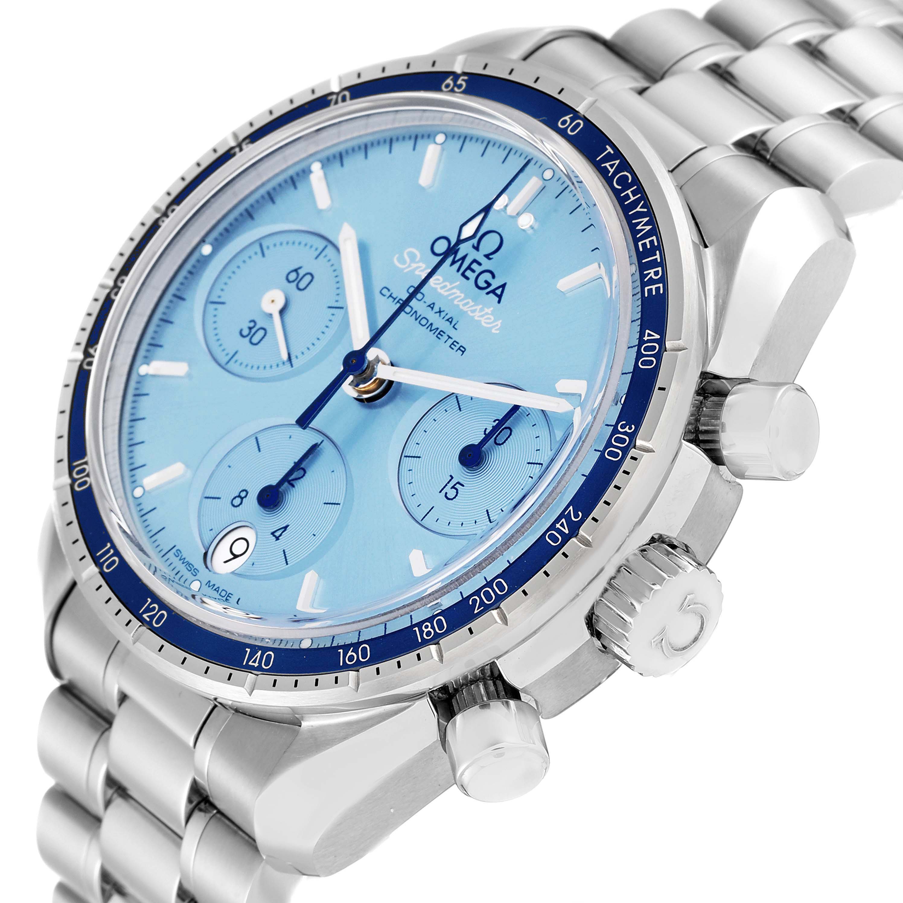 The image shows the face, bezel, bracelet, and side pushers of an Omega Speedmaster 324.30.38.50.03.001 Men
s Stainless Steel Blue Dial 324.30.38.50.03.001 Men
s Stainless Steel Blue Dial watch from an angled perspective.