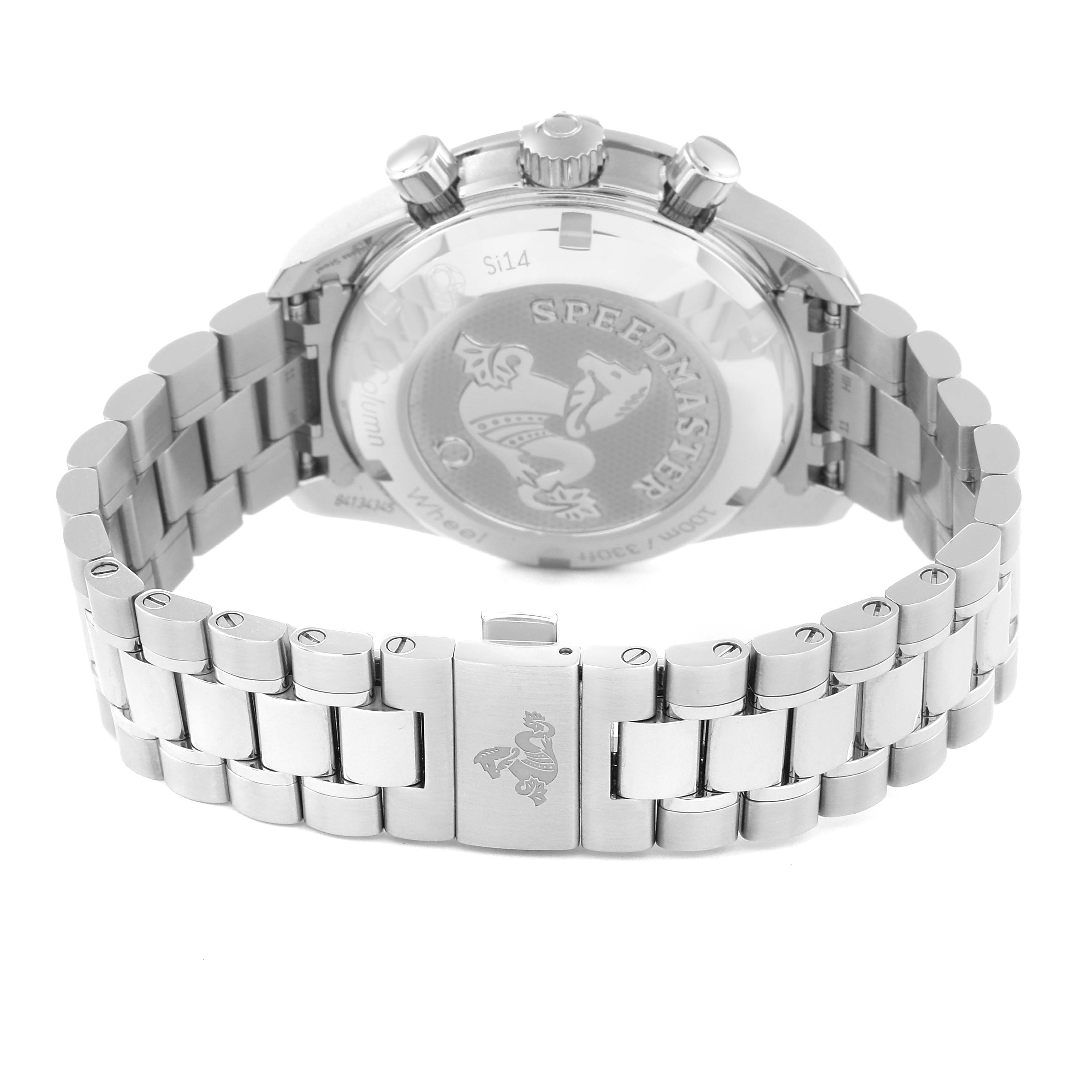 This image shows the back case and metal bracelet of an Omega Speedmaster 324.30.38.50.03.001 Men
s Stainless Steel Blue Dial 324.30.38.50.03.001 Men
s Stainless Steel Blue Dial watch.