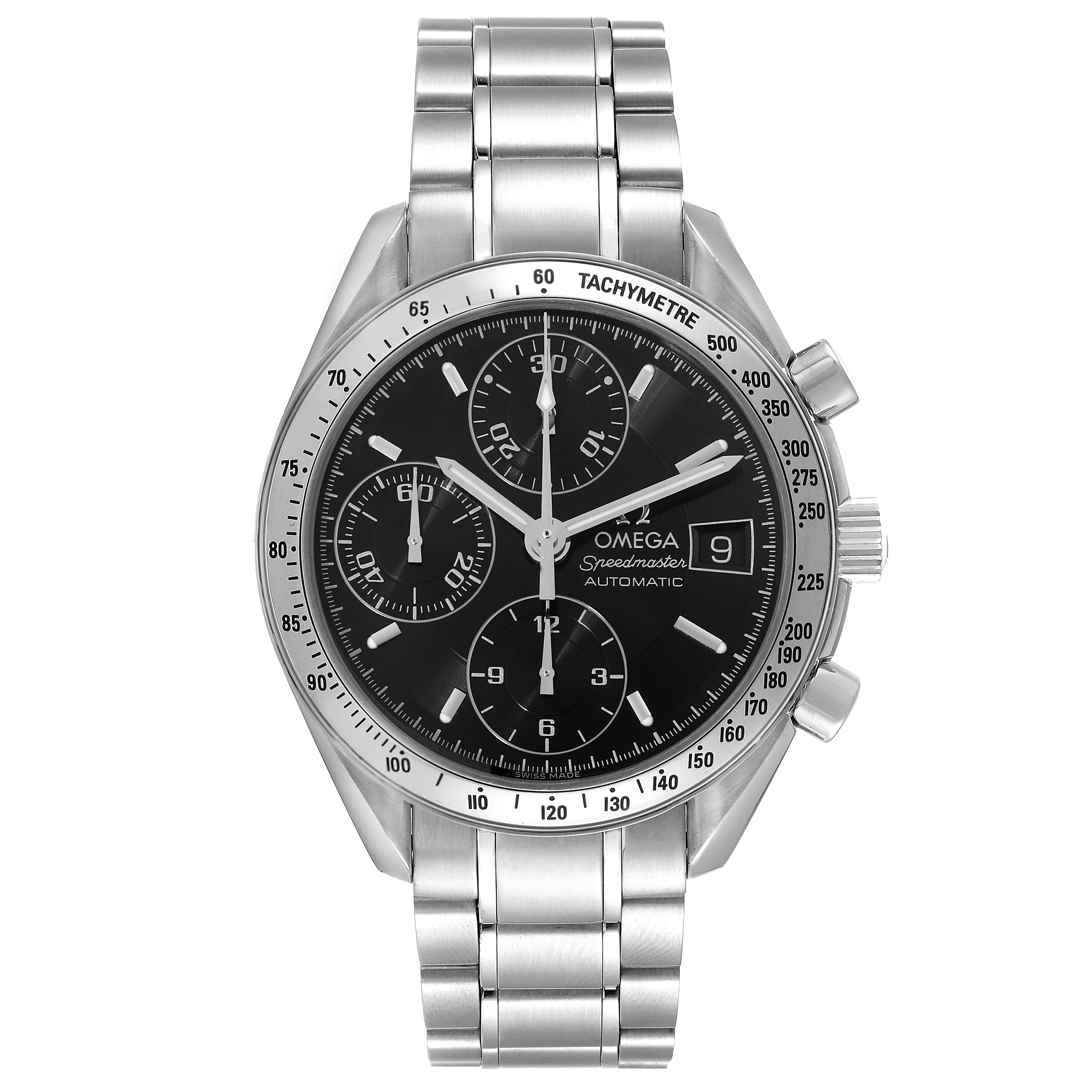 The Omega Speedmaster 3513.50.00 Men
s Stainless Steel Black Dial 3513.50.00 Men
s Stainless Steel Black Dial watch is shown from a front angle, highlighting its dials, bezel, crown, and stainless steel bracelet.