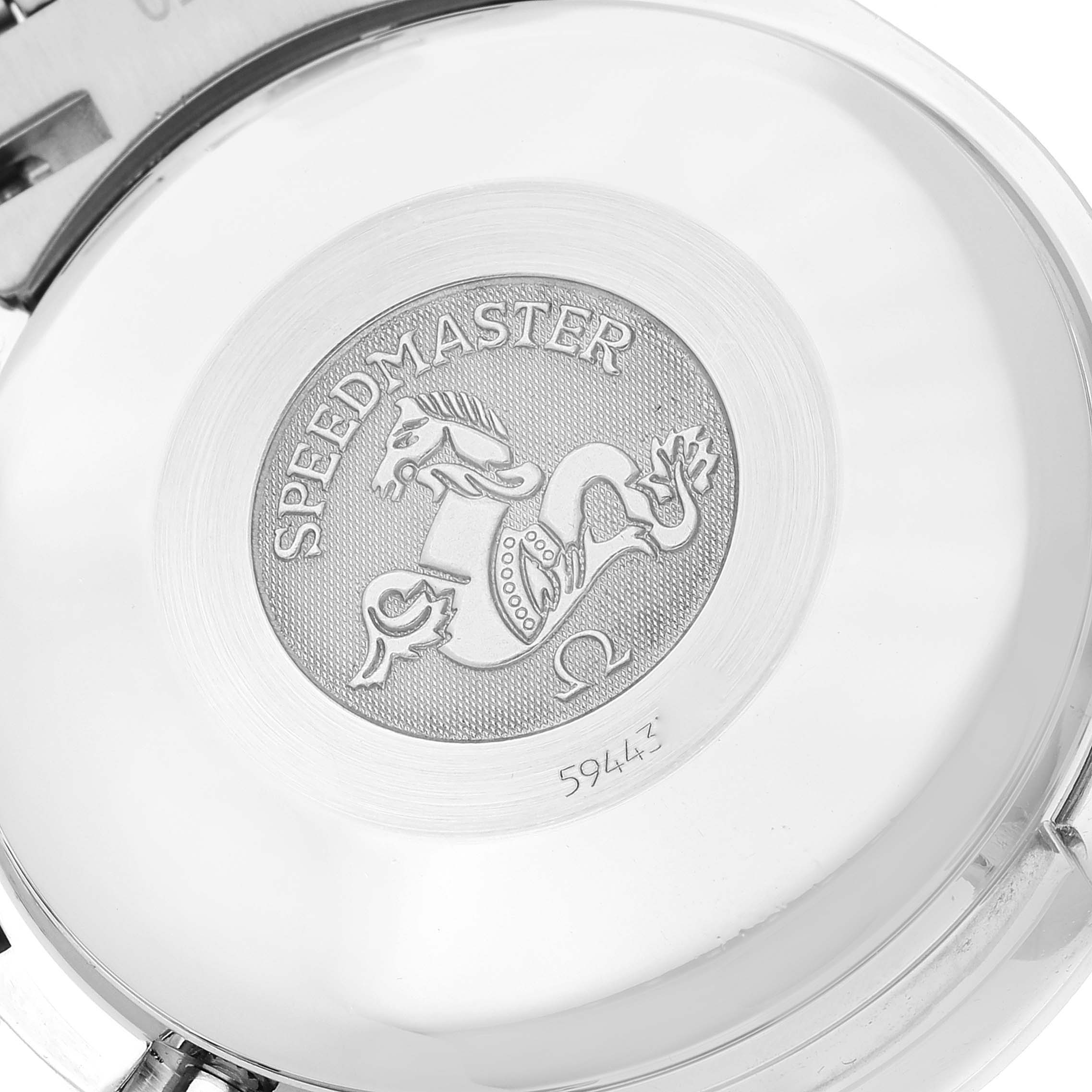 The image shows the engraved case back of an Omega Speedmaster 3513.50.00 Men
s Stainless Steel Black Dial 3513.50.00 Men
s Stainless Steel Black Dial watch, featuring the Speedmaster logo and a seahorse emblem.