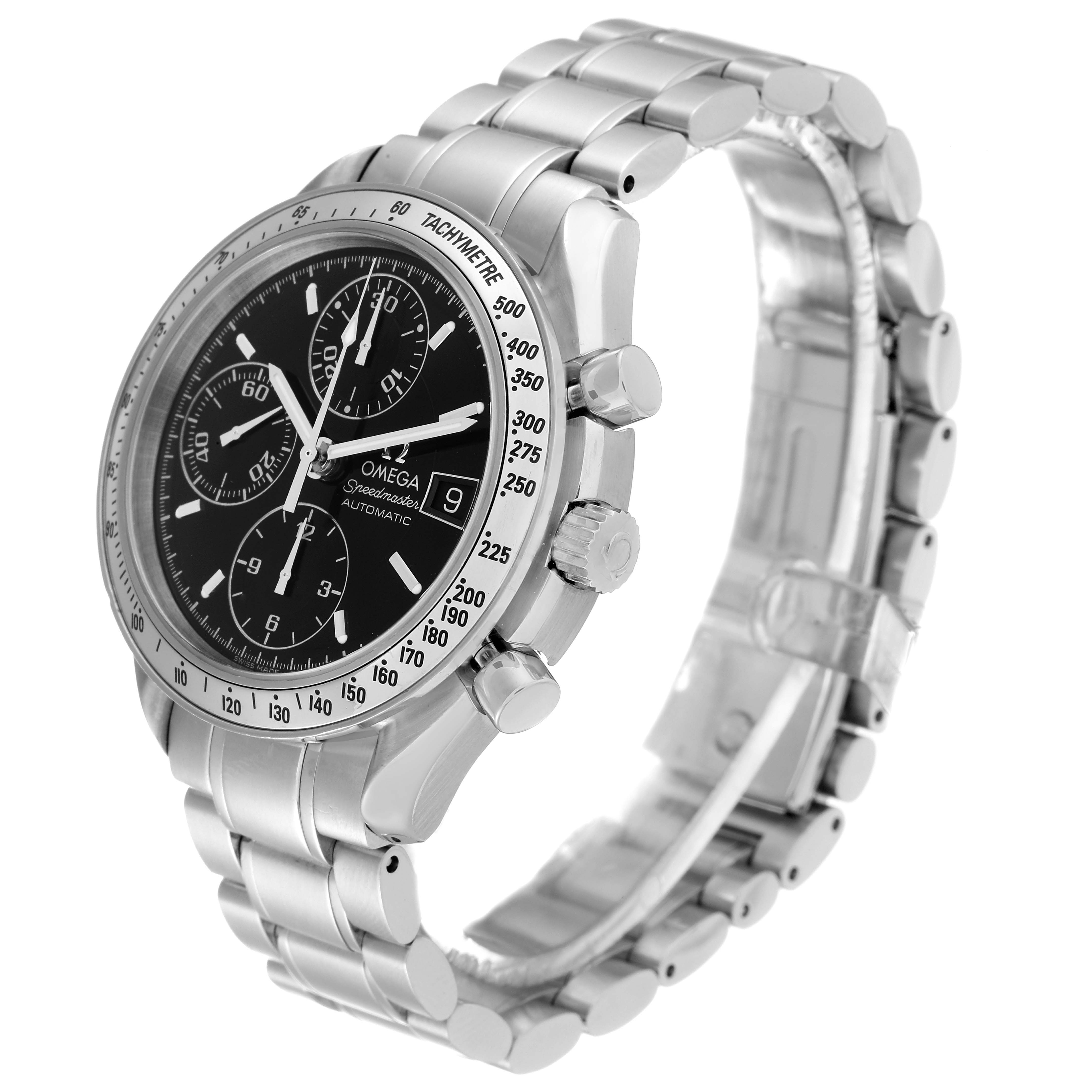 The Omega Speedmaster 3513.50.00 Men
s Stainless Steel Black Dial 3513.50.00 Men
s Stainless Steel Black Dial watch is shown at a three-quarter angle, displaying its dial, bezel, crown, pushers, and bracelet.