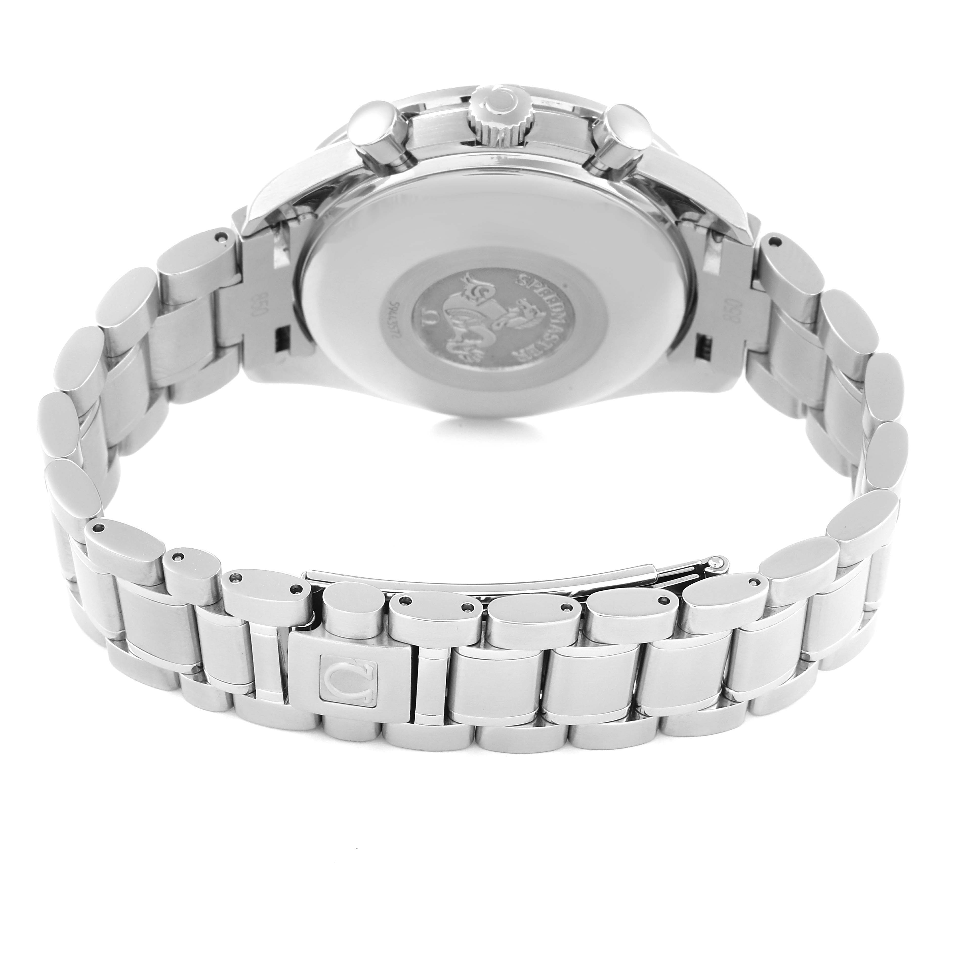 The image shows the back and bracelet of an Omega Speedmaster 3513.50.00 Men
s Stainless Steel Black Dial 3513.50.00 Men
s Stainless Steel Black Dial watch, including the clasp and case back.