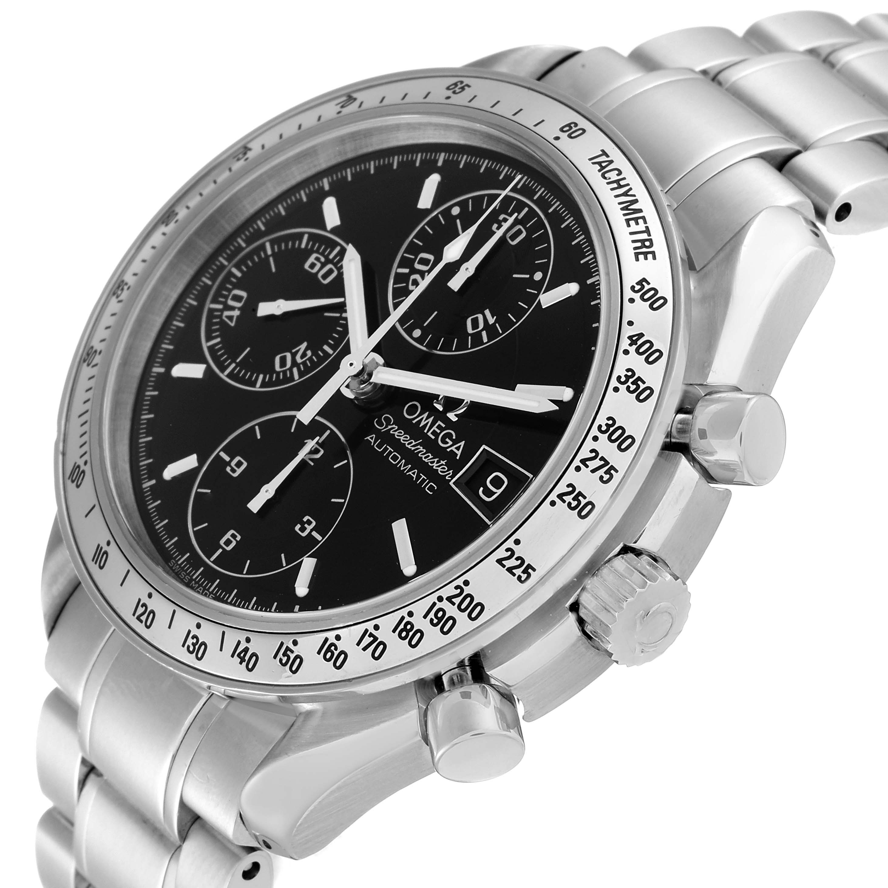 The image shows an angled view of the Omega Speedmaster 3513.50.00 Men
s Stainless Steel Black Dial 3513.50.00 Men
s Stainless Steel Black Dial watch, featuring the face, bezel, crown, and chronograph pushers.