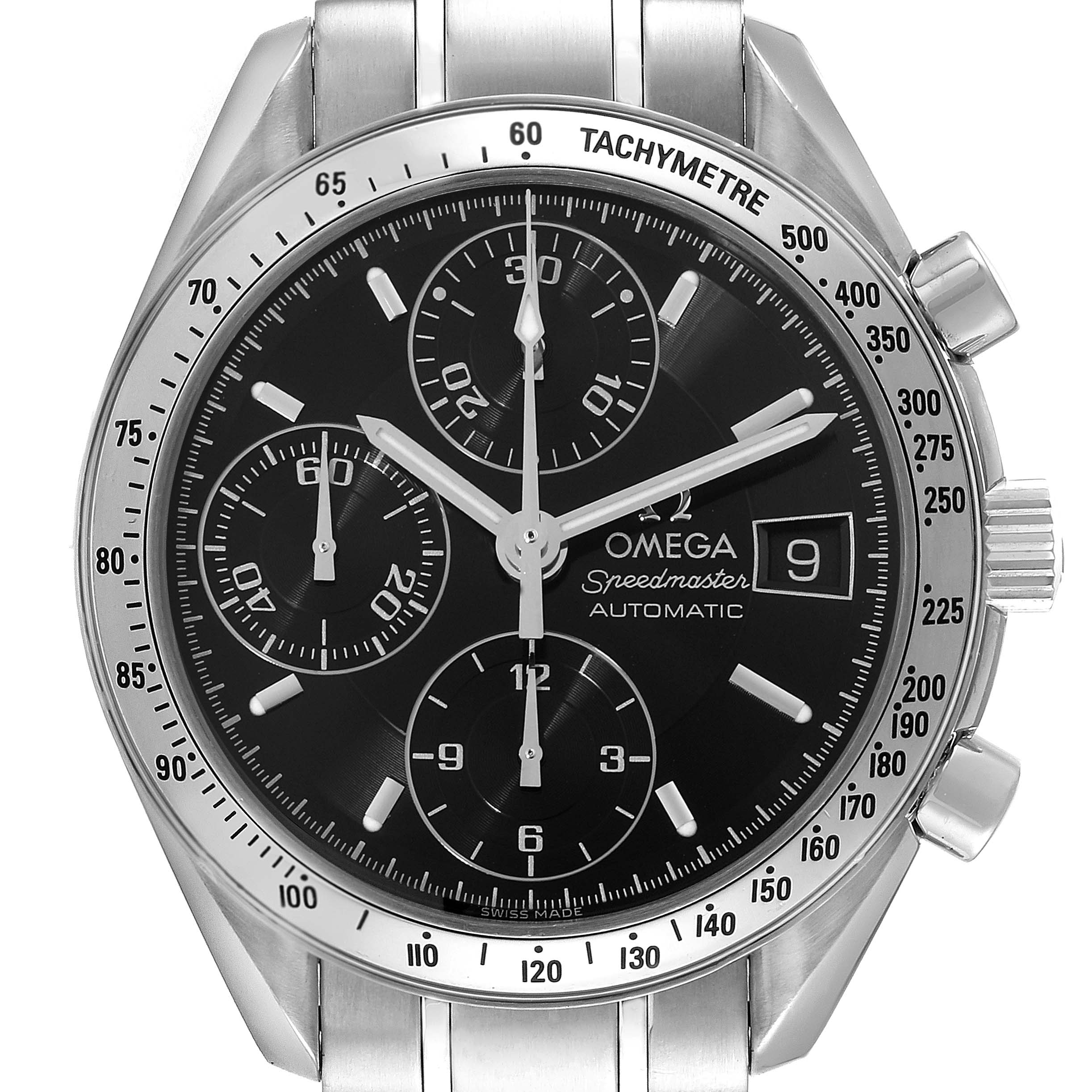 This Omega Speedmaster 3513.50.00 Men
s Stainless Steel Black Dial 3513.50.00 Men
s Stainless Steel Black Dial watch is shown from the front, highlighting the dial, tachymeter bezel, and part of the bracelet.