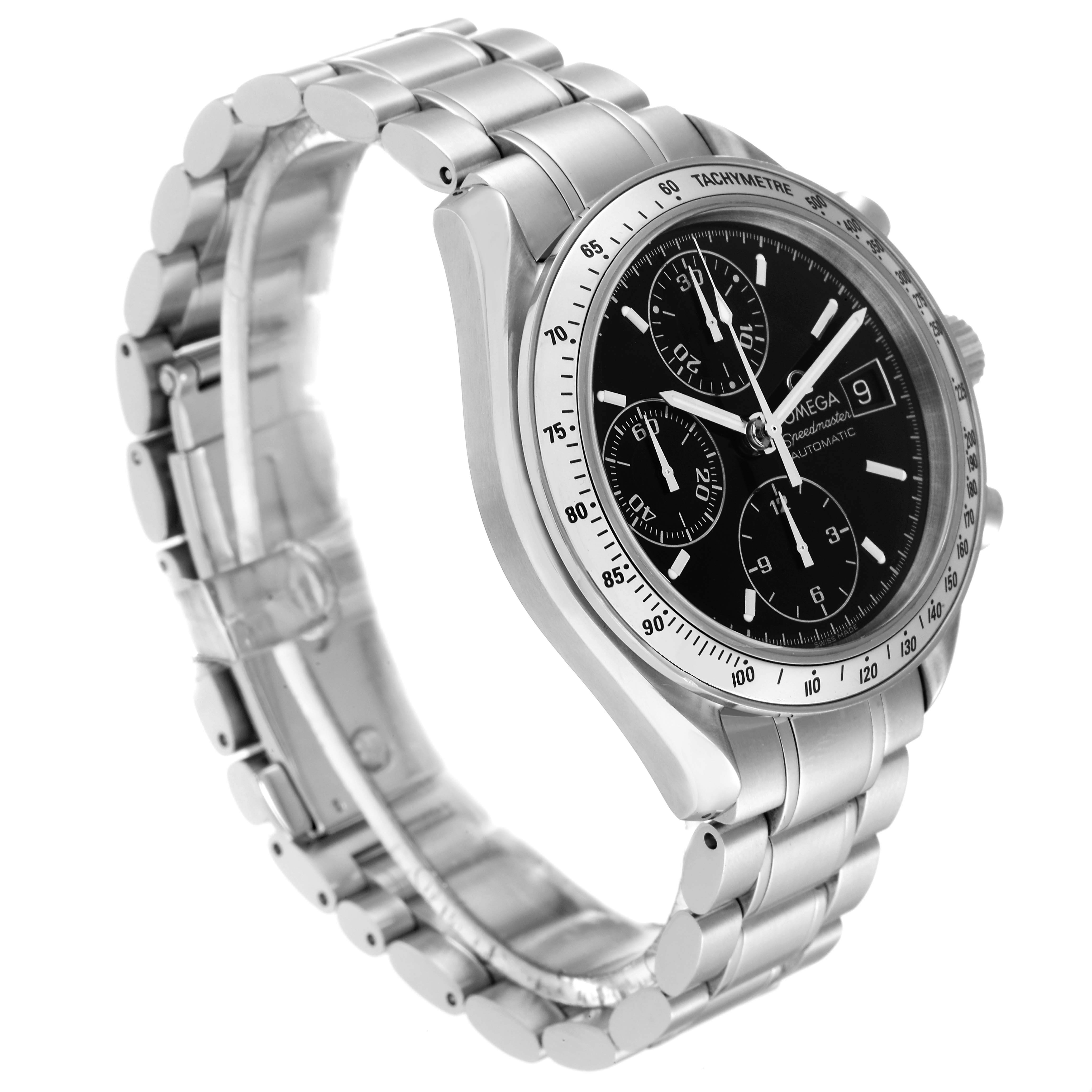 The Omega Speedmaster 3513.50.00 Men
s Stainless Steel Black Dial 3513.50.00 Men
s Stainless Steel Black Dial watch is shown at a three-quarter angle, highlighting the face, tachymeter bezel, and stainless steel bracelet.