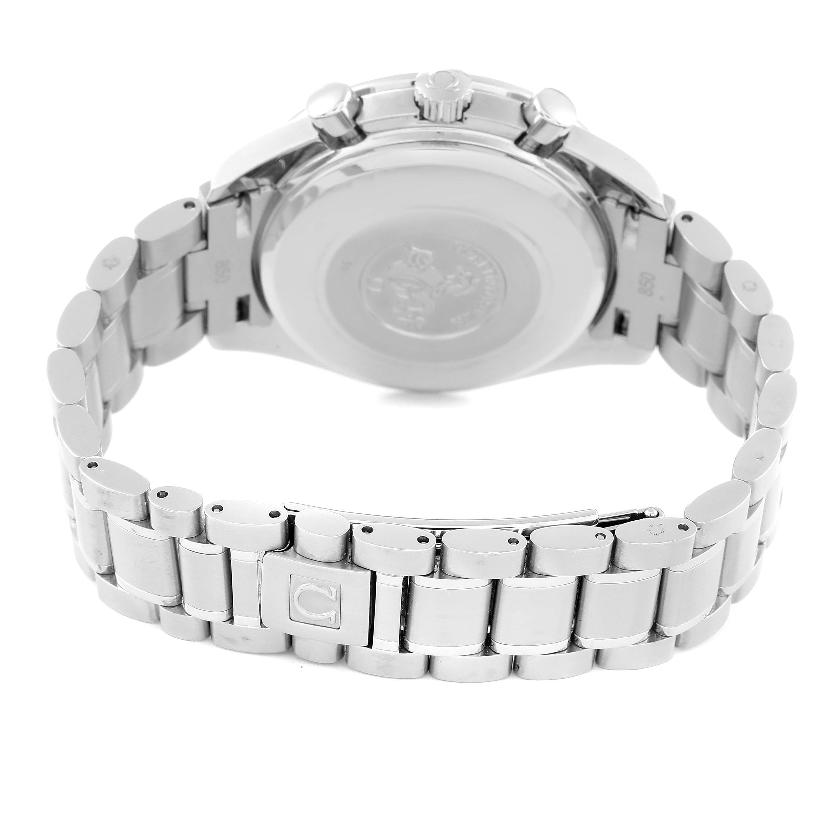 The image shows the back case and metal bracelet of the Omega Speedmaster 3523.80.00 Men
s Stainless Steel Blue Dial 3523.80.00 Men
s Stainless Steel Blue Dial watch, viewed from the rear.