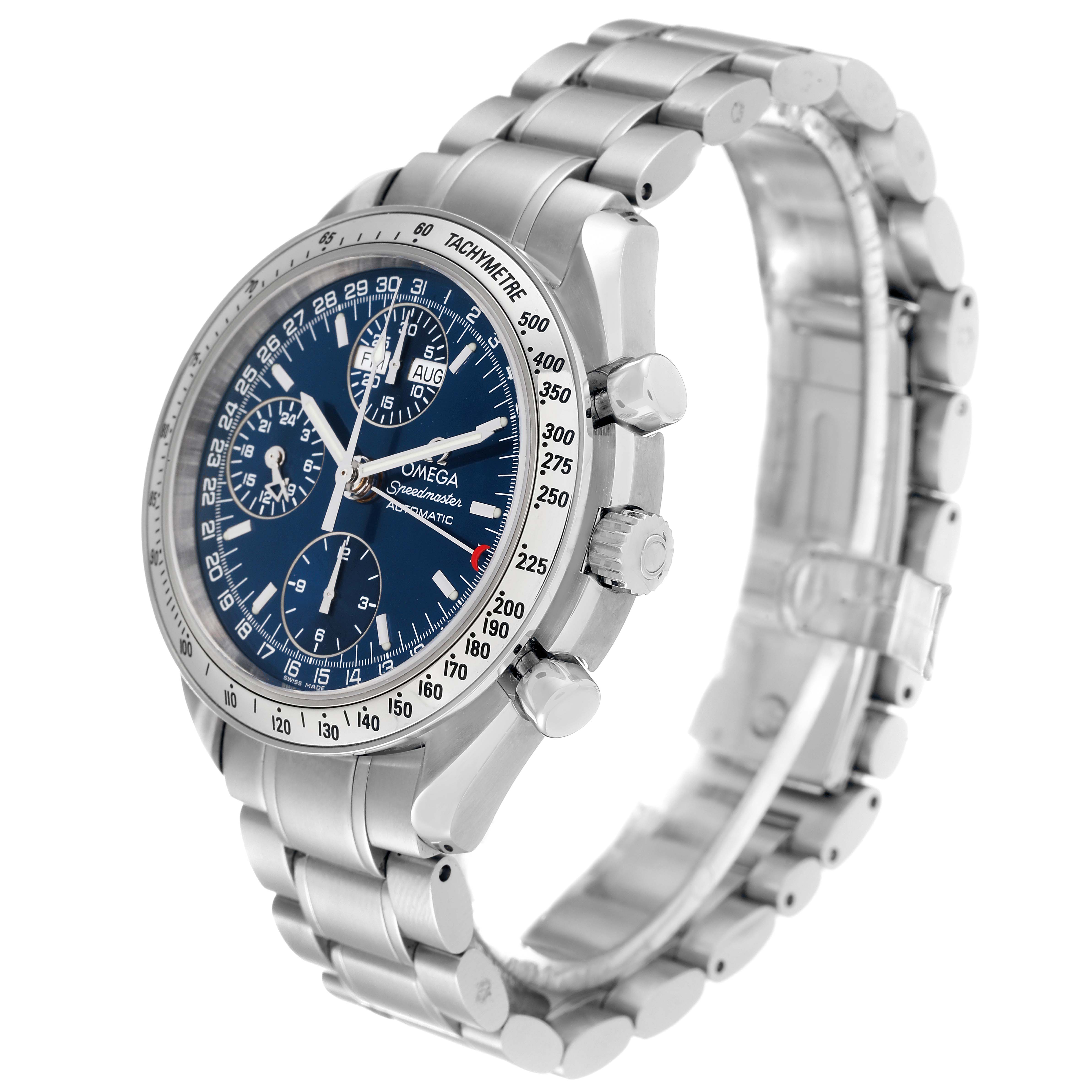 This Omega Speedmaster 3523.80.00 Men
s Stainless Steel Blue Dial 3523.80.00 Men
s Stainless Steel Blue Dial watch is shown from a three-quarter angle, displaying the face, bracelet, and chronograph buttons.