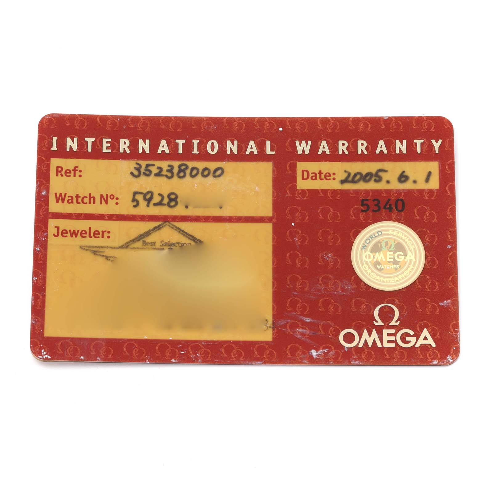 The image shows the international warranty card of the Omega Speedmaster 3523.80.00 Men
s Stainless Steel Blue Dial 3523.80.00 Men
s Stainless Steel Blue Dial watch, detailing reference number and date.