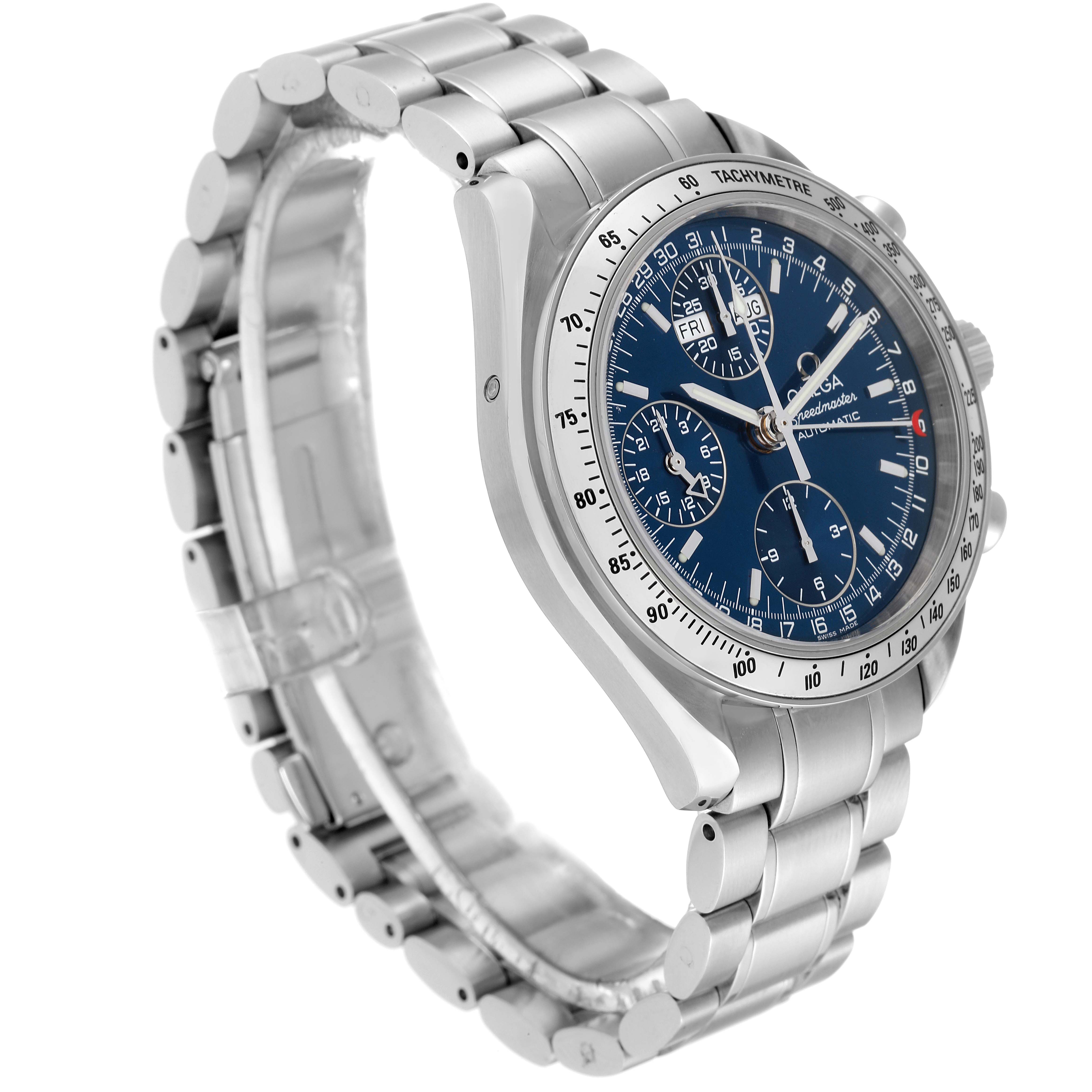 The Omega Speedmaster 3523.80.00 Men
s Stainless Steel Blue Dial 3523.80.00 Men
s Stainless Steel Blue Dial watch is shown at a three-quarter angle, highlighting its case, dial, and stainless steel bracelet.