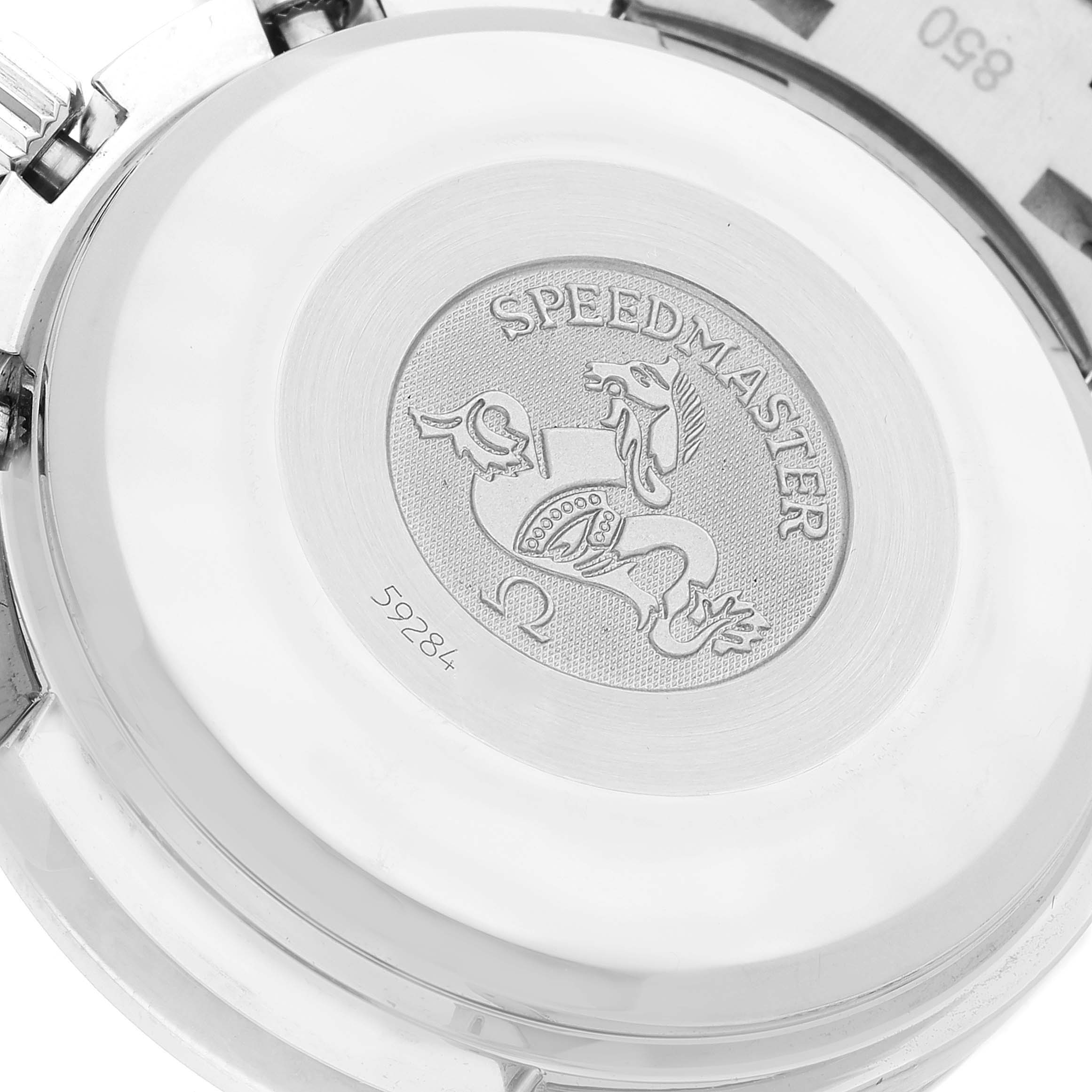 The image shows the case back of an Omega Speedmaster 3523.80.00 Men
s Stainless Steel Blue Dial 3523.80.00 Men
s Stainless Steel Blue Dial watch, highlighting the engraved logo and serial number.