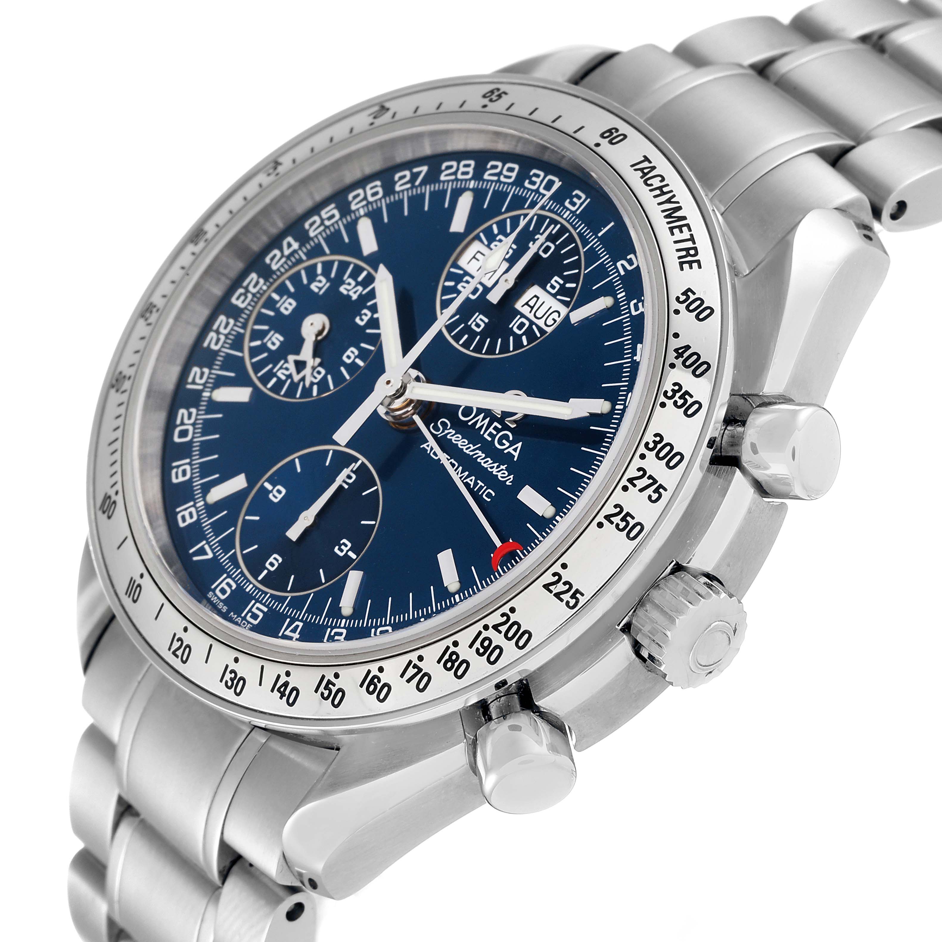 The image shows a close-up side angle of the Omega Speedmaster 3523.80.00 Men
s Stainless Steel Blue Dial 3523.80.00 Men
s Stainless Steel Blue Dial watch, highlighting the dial, tachymeter bezel, and pushers.