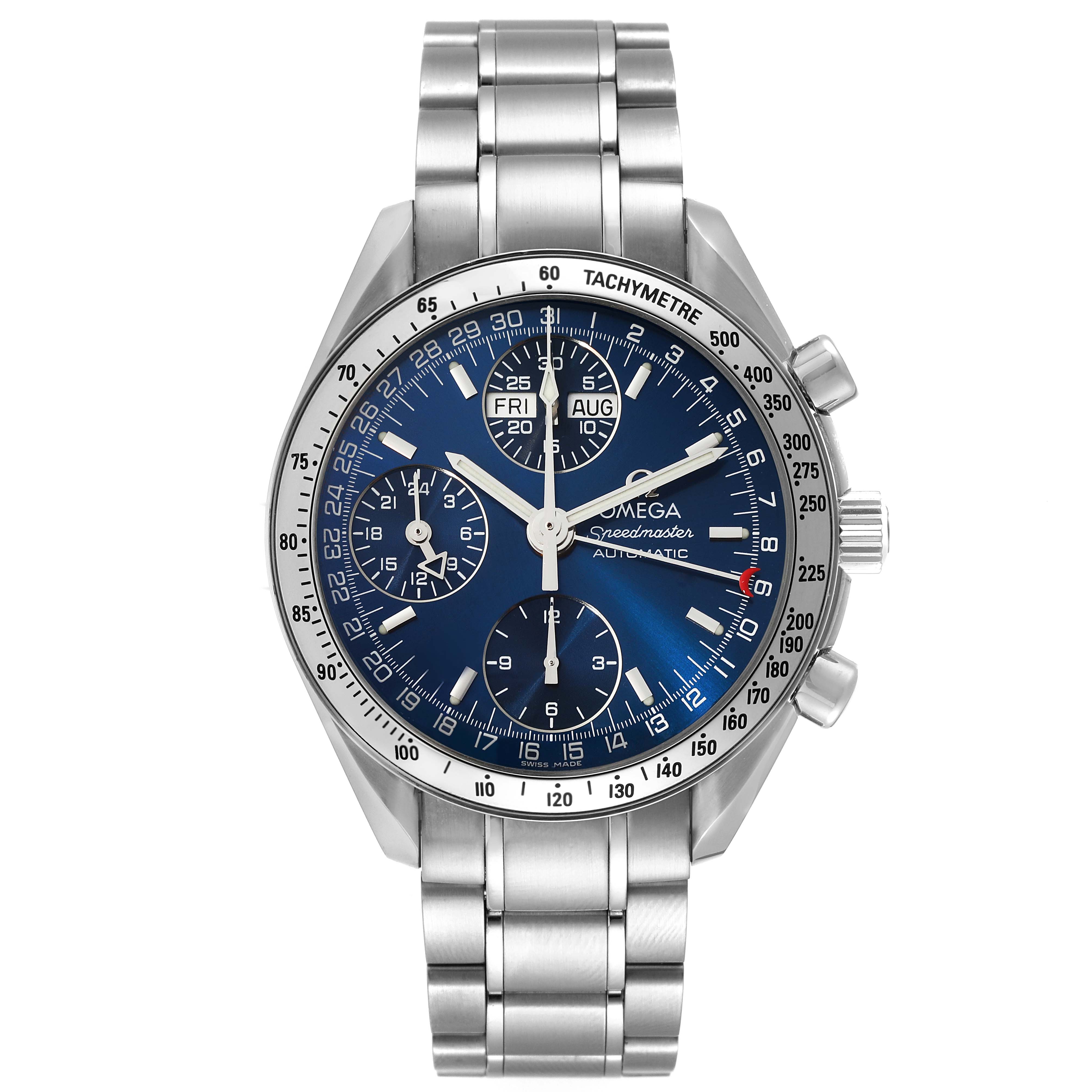 This image shows a front view of an Omega Speedmaster 3523.80.00 Men
s Stainless Steel Blue Dial 3523.80.00 Men
s Stainless Steel Blue Dial watch, featuring the dial, bezel, chronograph sub-dials, and metal bracelet.