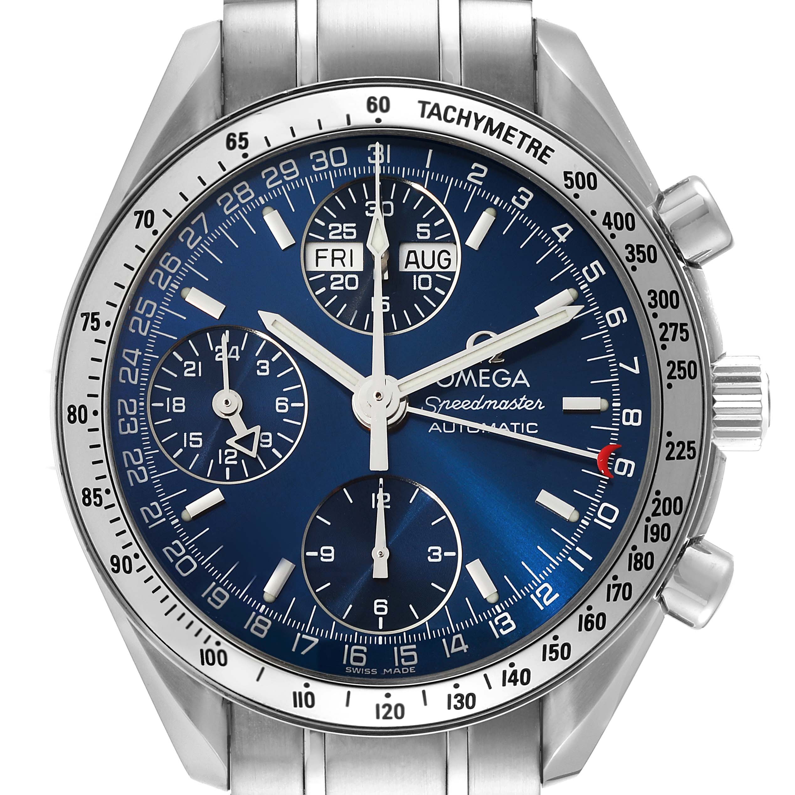 The image shows a frontal view of the Omega Speedmaster 3523.80.00 Men
s Stainless Steel Blue Dial 3523.80.00 Men
s Stainless Steel Blue Dial watch, highlighting the dial, bezel, sub-dials, and pushers.