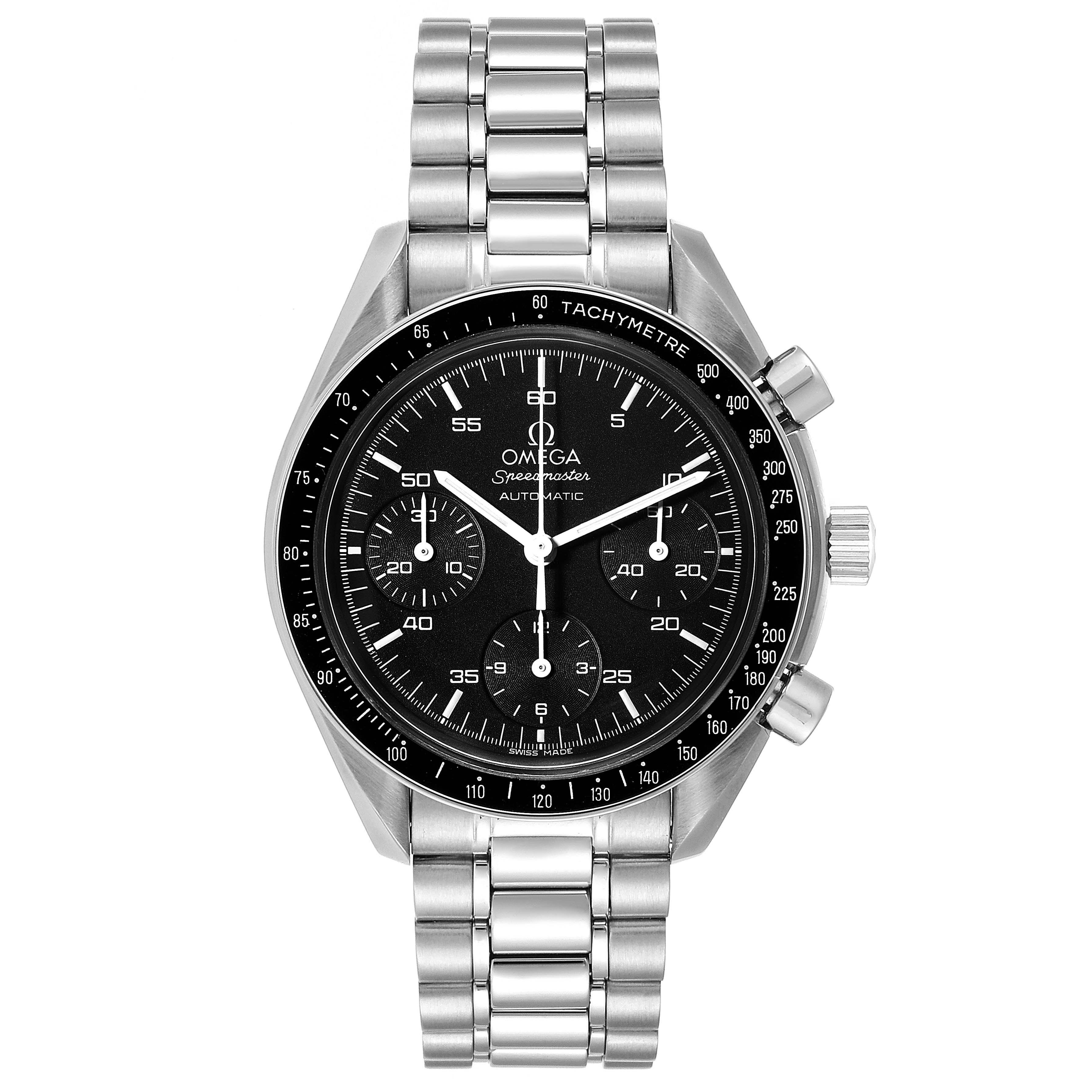 The image shows a frontal view of the Omega Speedmaster 3510.50.00 Men
s Stainless Steel Black Dial 3510.50.00 Men
s Stainless Steel Black Dial watch, highlighting its dial, bezel, and stainless steel bracelet.