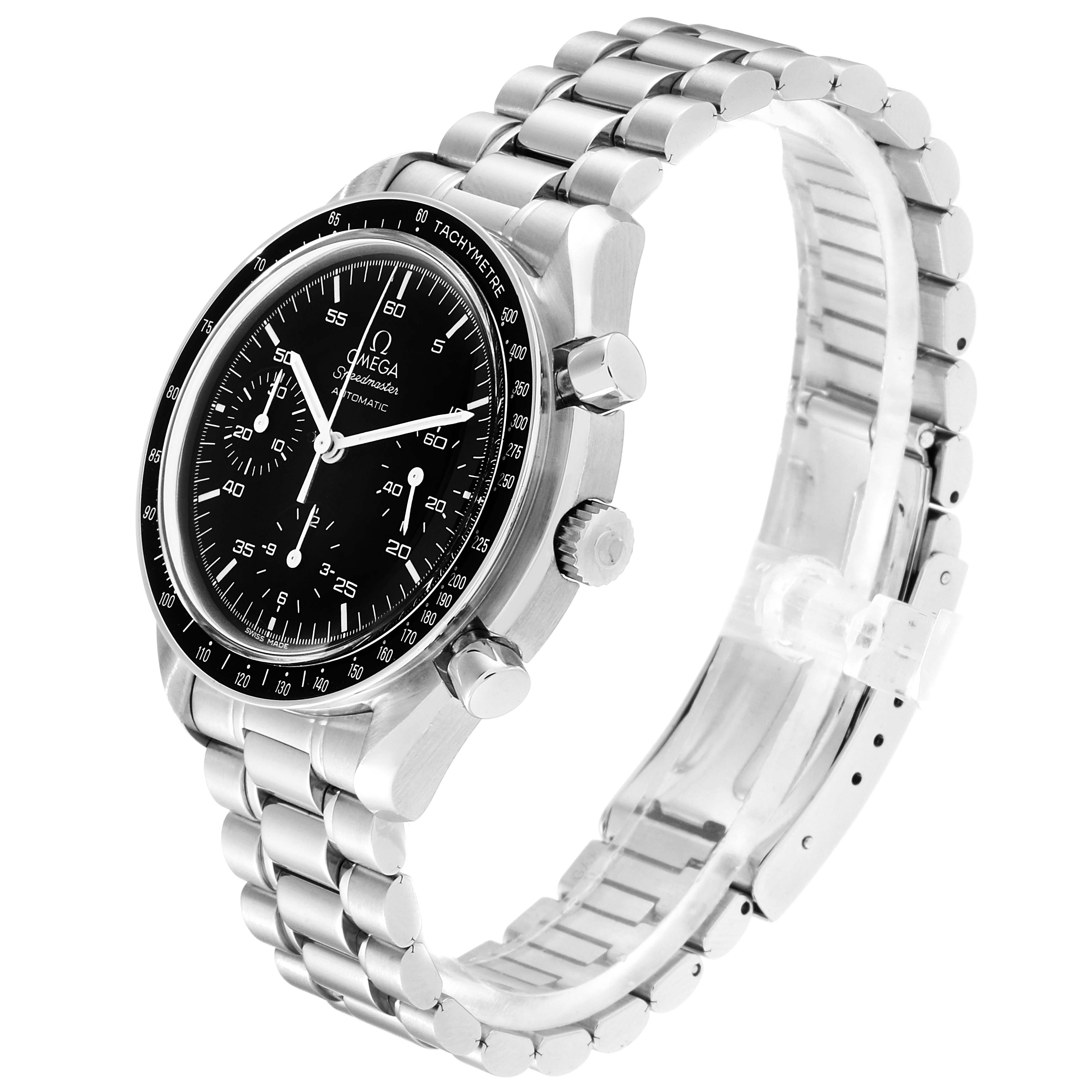 The image shows an angled view of the Omega Speedmaster 3510.50.00 Men
s Stainless Steel Black Dial 3510.50.00 Men
s Stainless Steel Black Dial watch, highlighting the face, bezels, crown, pushers, and bracelet.
