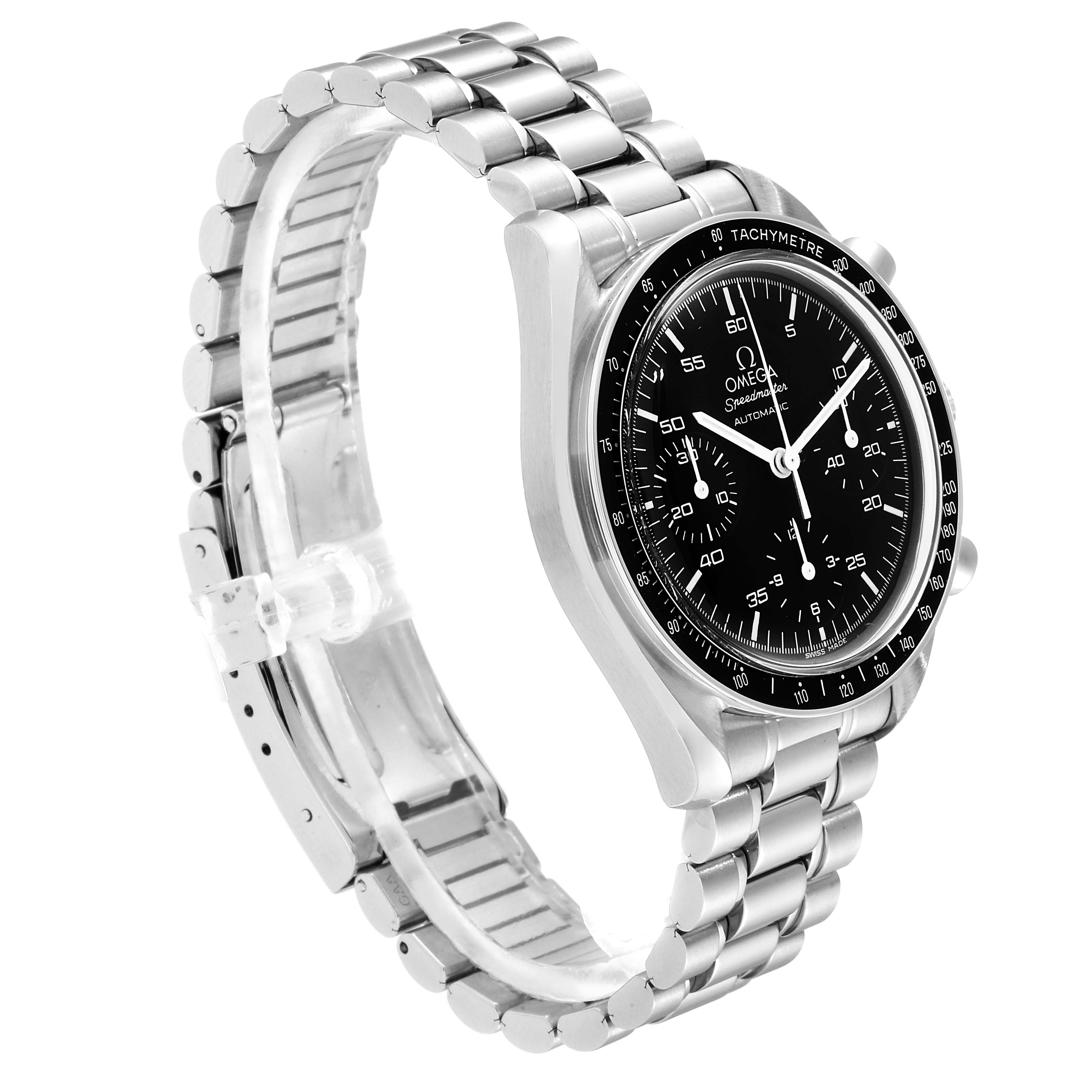 The Omega Speedmaster 3510.50.00 Men
s Stainless Steel Black Dial 3510.50.00 Men
s Stainless Steel Black Dial watch is shown at an angle highlighting its black dial, tachymeter bezel, and stainless steel bracelet.