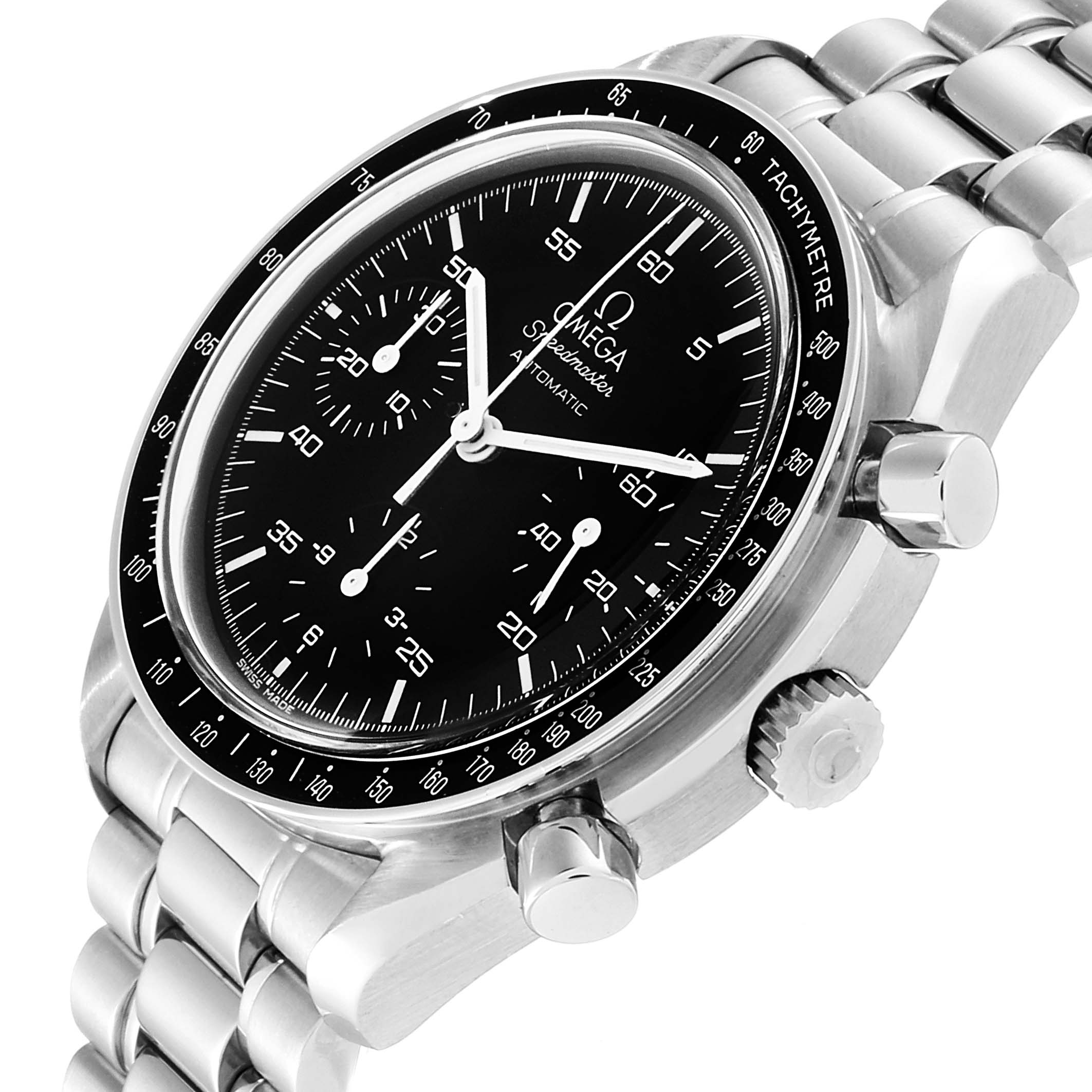 This Omega Speedmaster 3510.50.00 Men
s Stainless Steel Black Dial 3510.50.00 Men
s Stainless Steel Black Dial watch is shown at a three-quarter angle, highlighting the face, dial, tachymeter bezel, and bracelet.