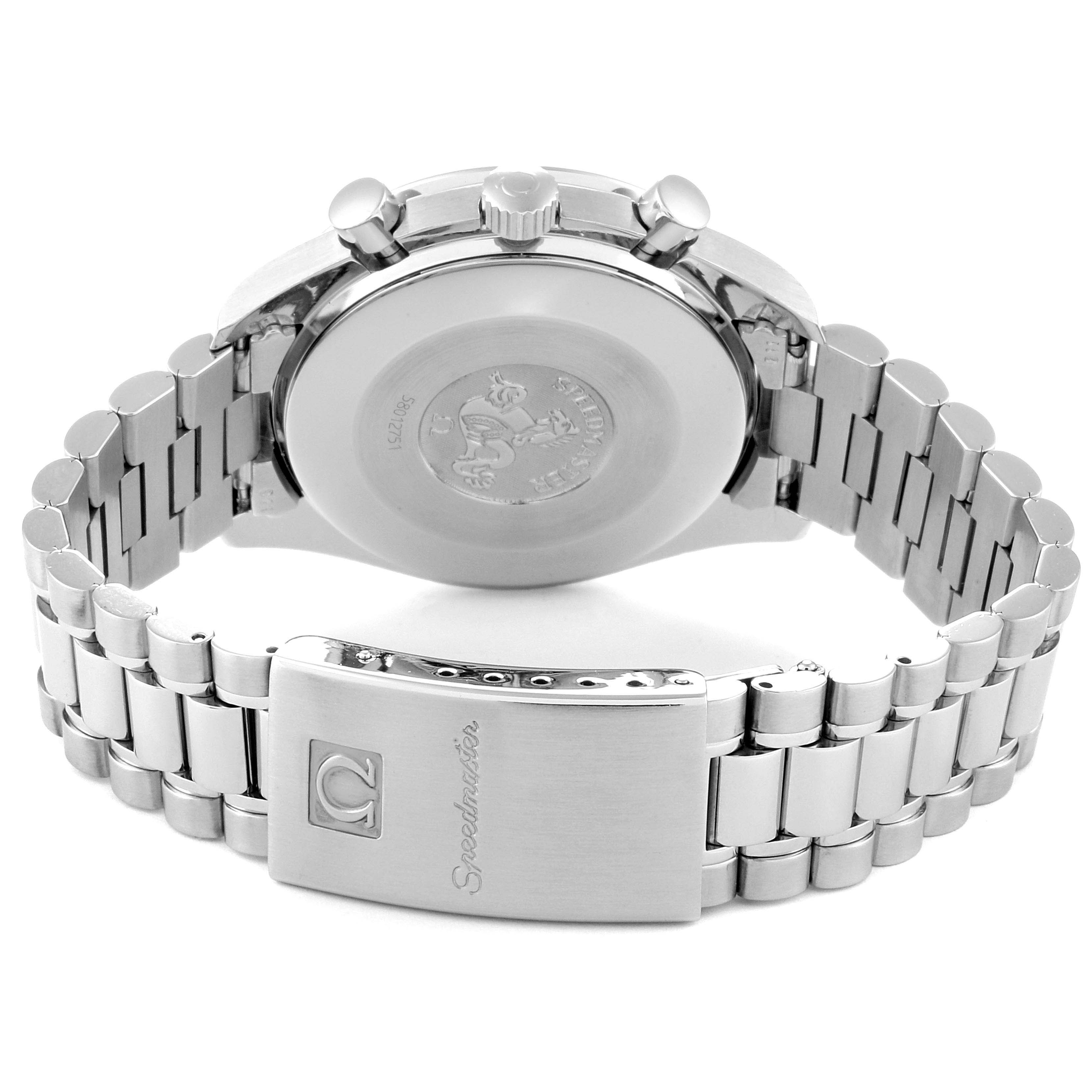 The image shows the Omega Speedmaster 3510.50.00 Men
s Stainless Steel Black Dial 3510.50.00 Men
s Stainless Steel Black Dial watch from the rear angle, highlighting the case back, bracelet, and clasp.