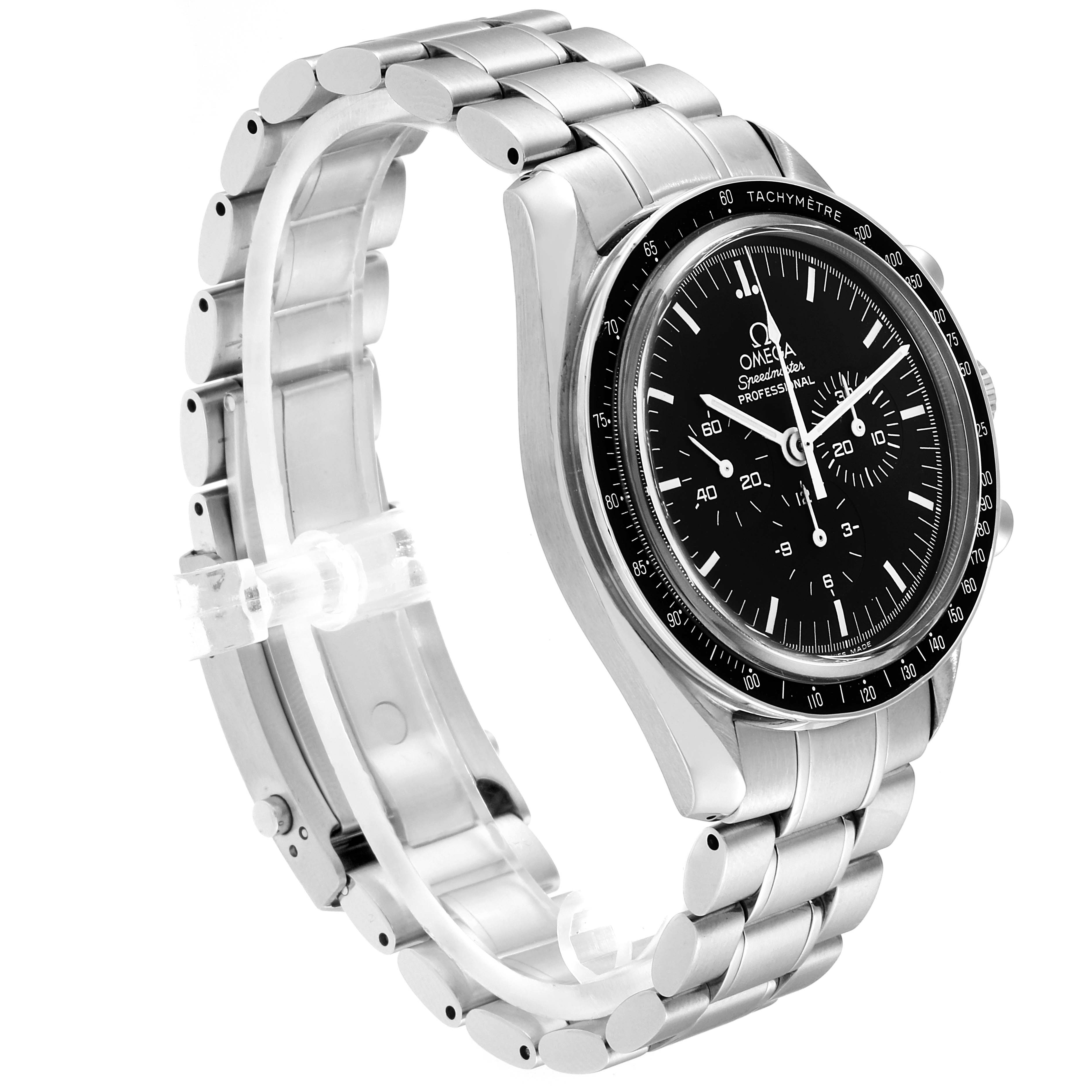 The Omega Speedmaster 3573.50.00 Men
s Stainless Steel Black Dial 3573.50.00 Men
s Stainless Steel Black Dial watch is shown at a three-quarter angle, focusing on the face, bezel, and stainless steel bracelet.