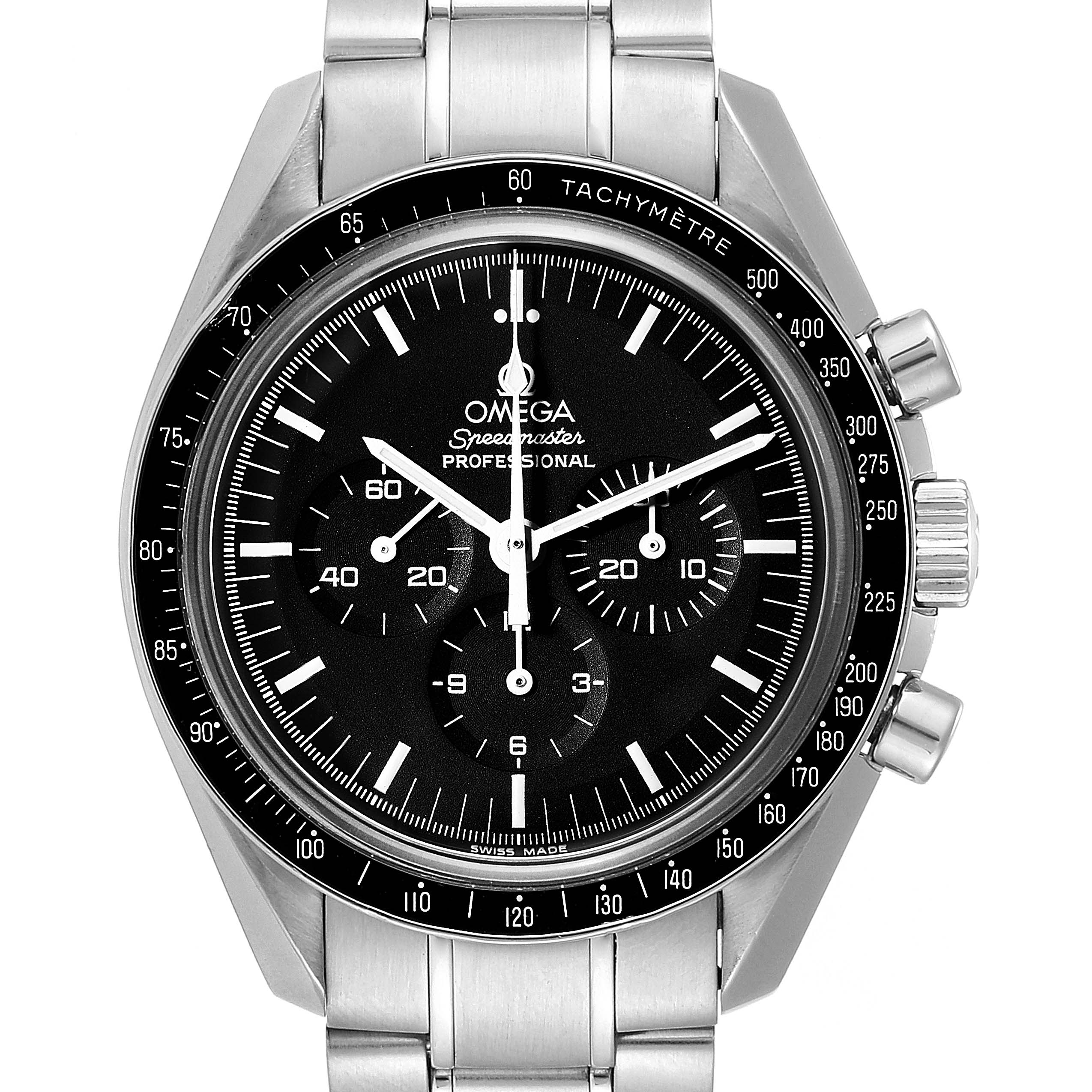 The image shows a front angle view of the Omega Speedmaster 3573.50.00 Men
s Stainless Steel Black Dial 3573.50.00 Men
s Stainless Steel Black Dial watch, featuring the dial, bezel, and bracelet.