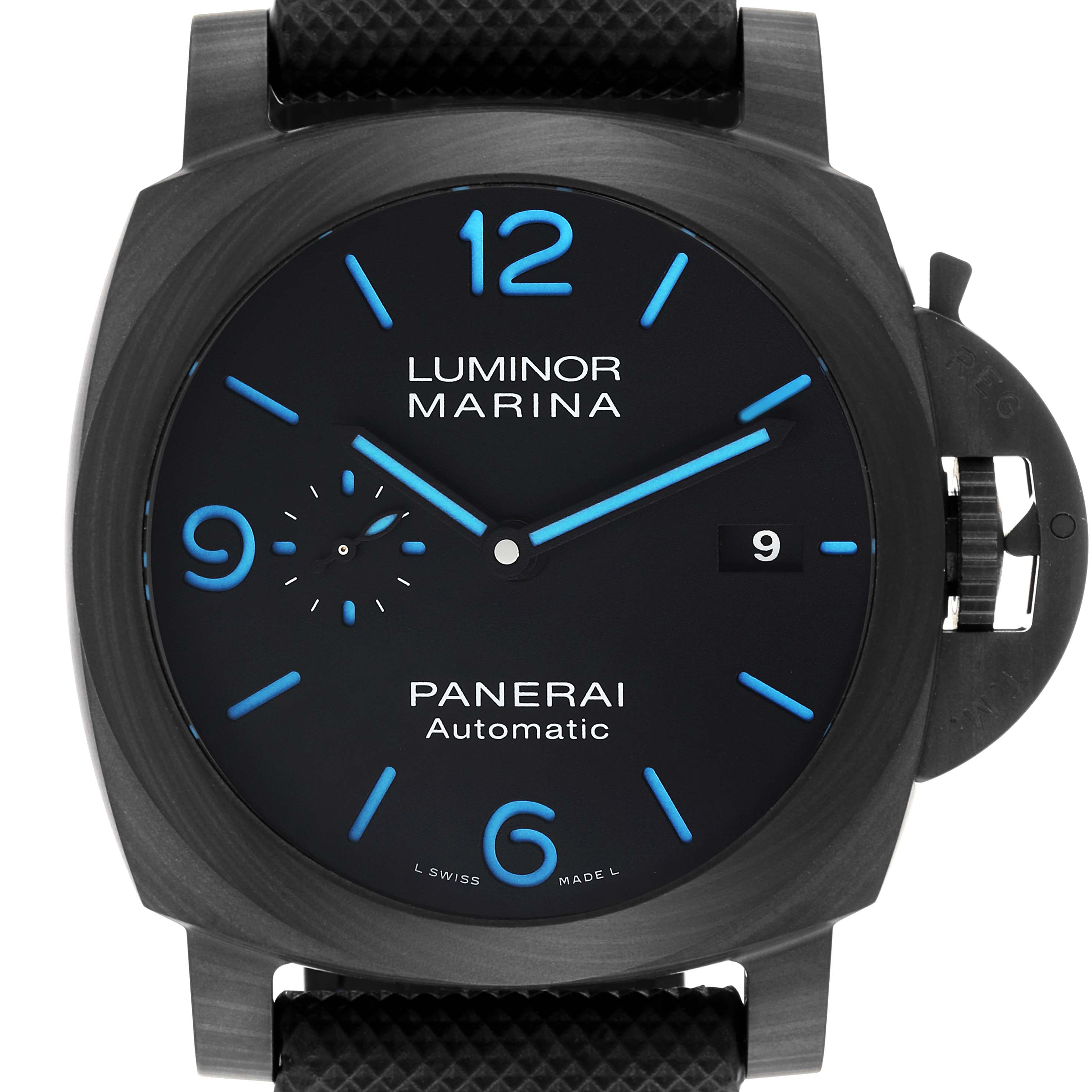 This image shows a frontal view of a Panerai Luminor PAM01661 Men's Ceramic Black Dial PAM01661 Men's Ceramic Black Dial watch, highlighting its face, numerals, hands, date display, and crown guard.
