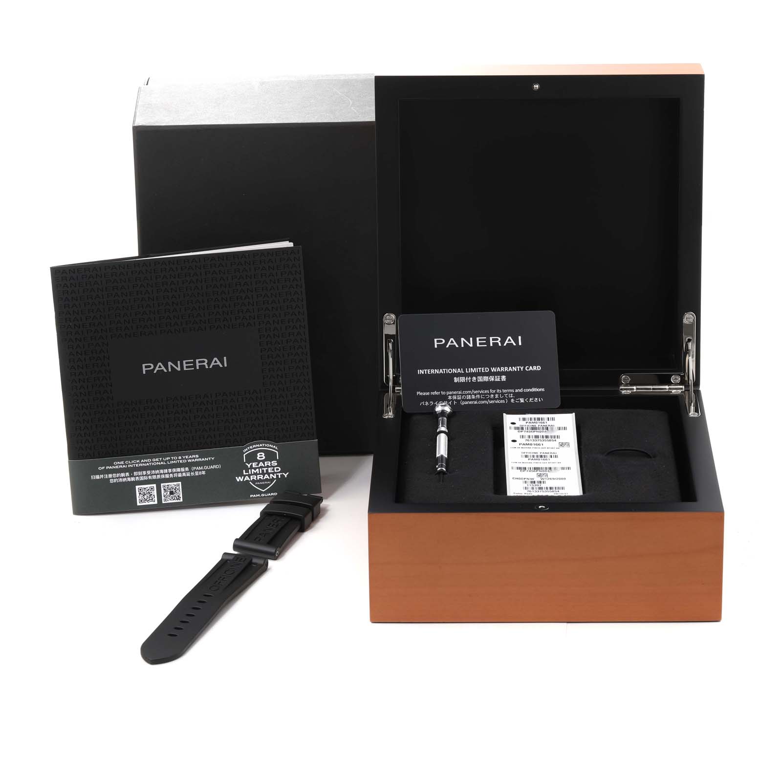 This image shows the packaging and accessories for a Panerai Luminor PAM01661 Men's Ceramic Black Dial PAM01661 Men's Ceramic Black Dial watch, including the official box, a strap, a warranty card, and documentation.