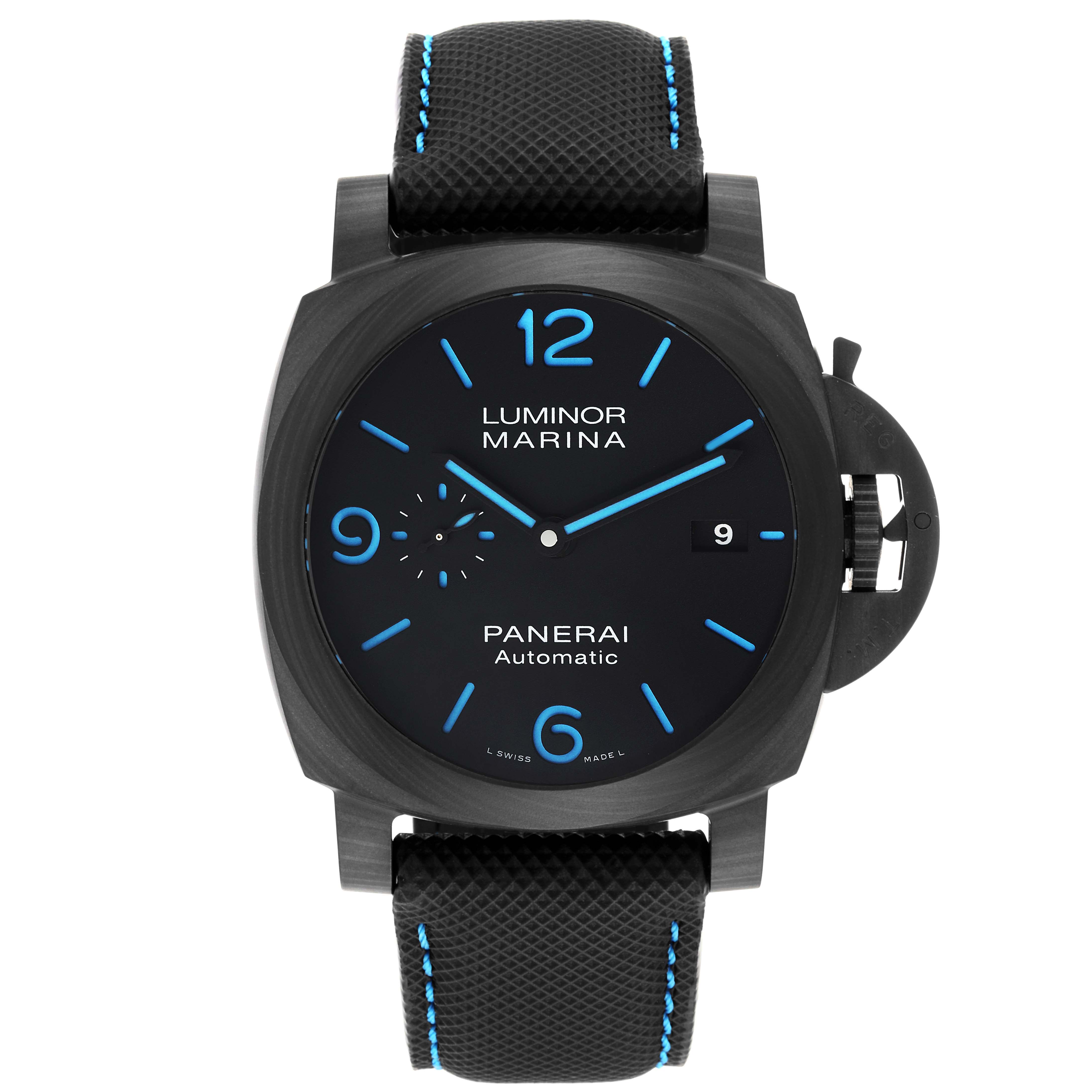 The image shows a front view of the Panerai Luminor PAM01661 Men's Ceramic Black Dial PAM01661 Men's Ceramic Black Dial Marina watch, highlighting its dial, hands, strap, and case.