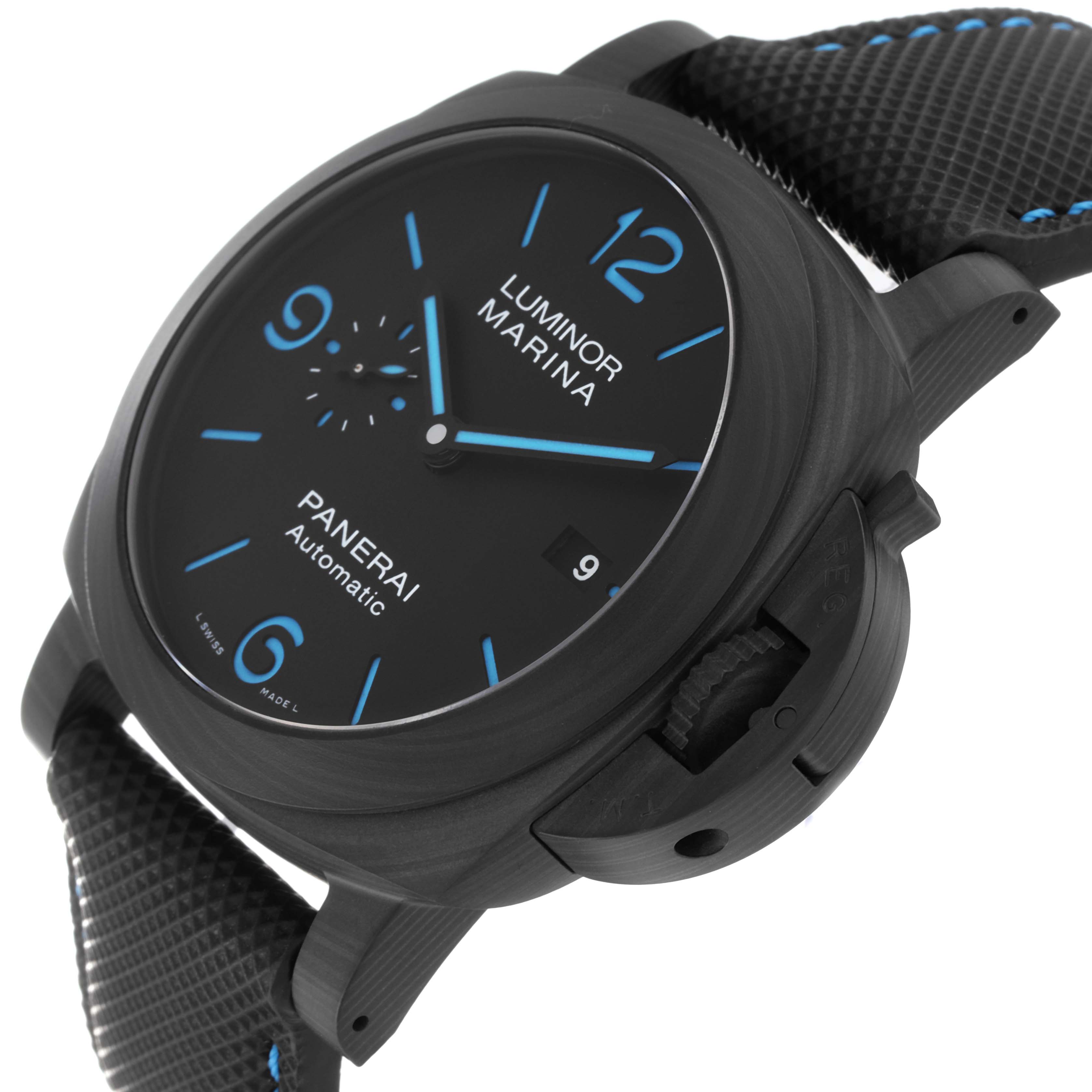 The image shows a close-up, angled view of a Panerai Luminor PAM01661 Men's Ceramic Black Dial PAM01661 Men's Ceramic Black Dial Marina watch, highlighting its dial, strap, and crown guard.