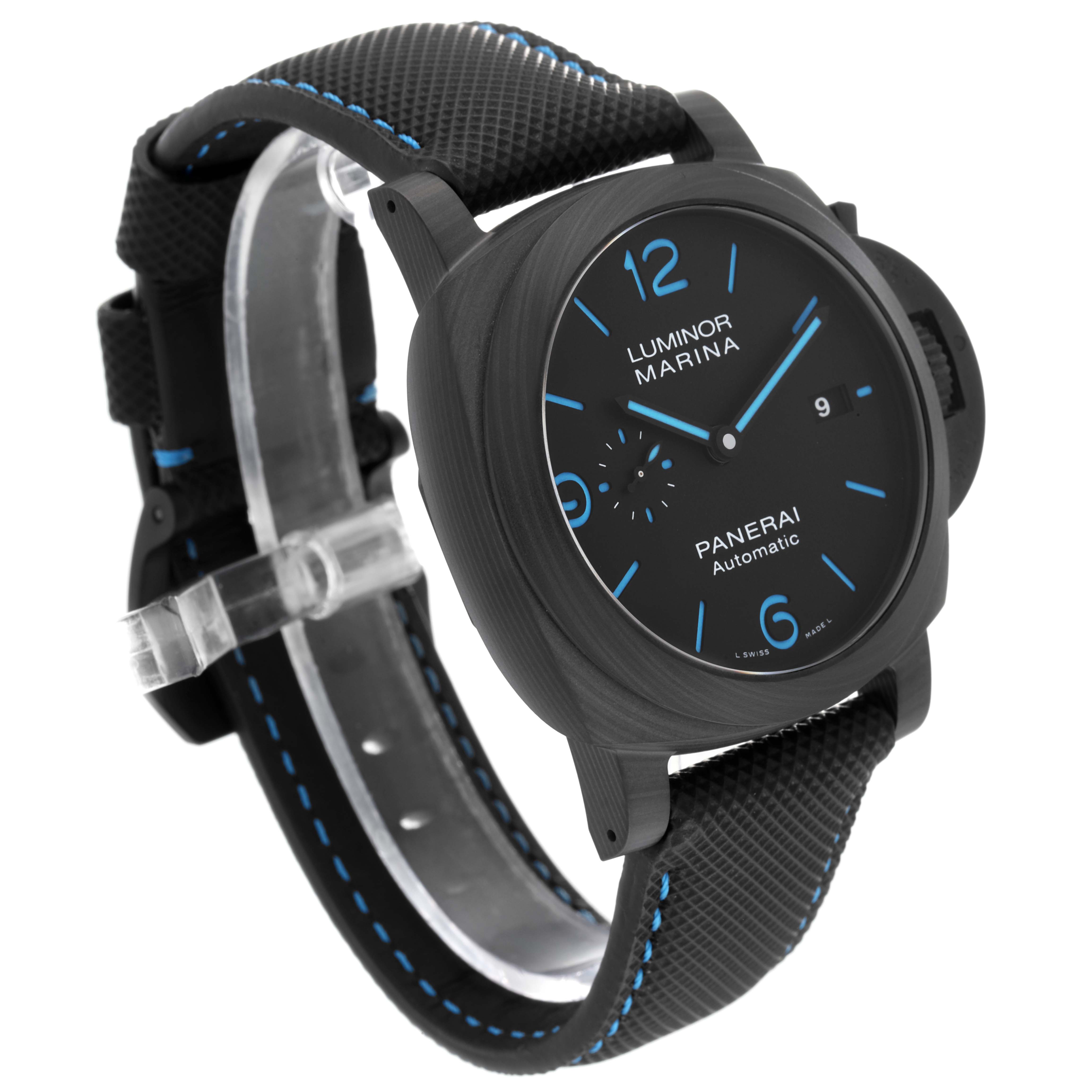 The image shows a Panerai Luminor PAM01661 Men's Ceramic Black Dial PAM01661 Men's Ceramic Black Dial Marina watch from an oblique front angle, highlighting its face and strap.