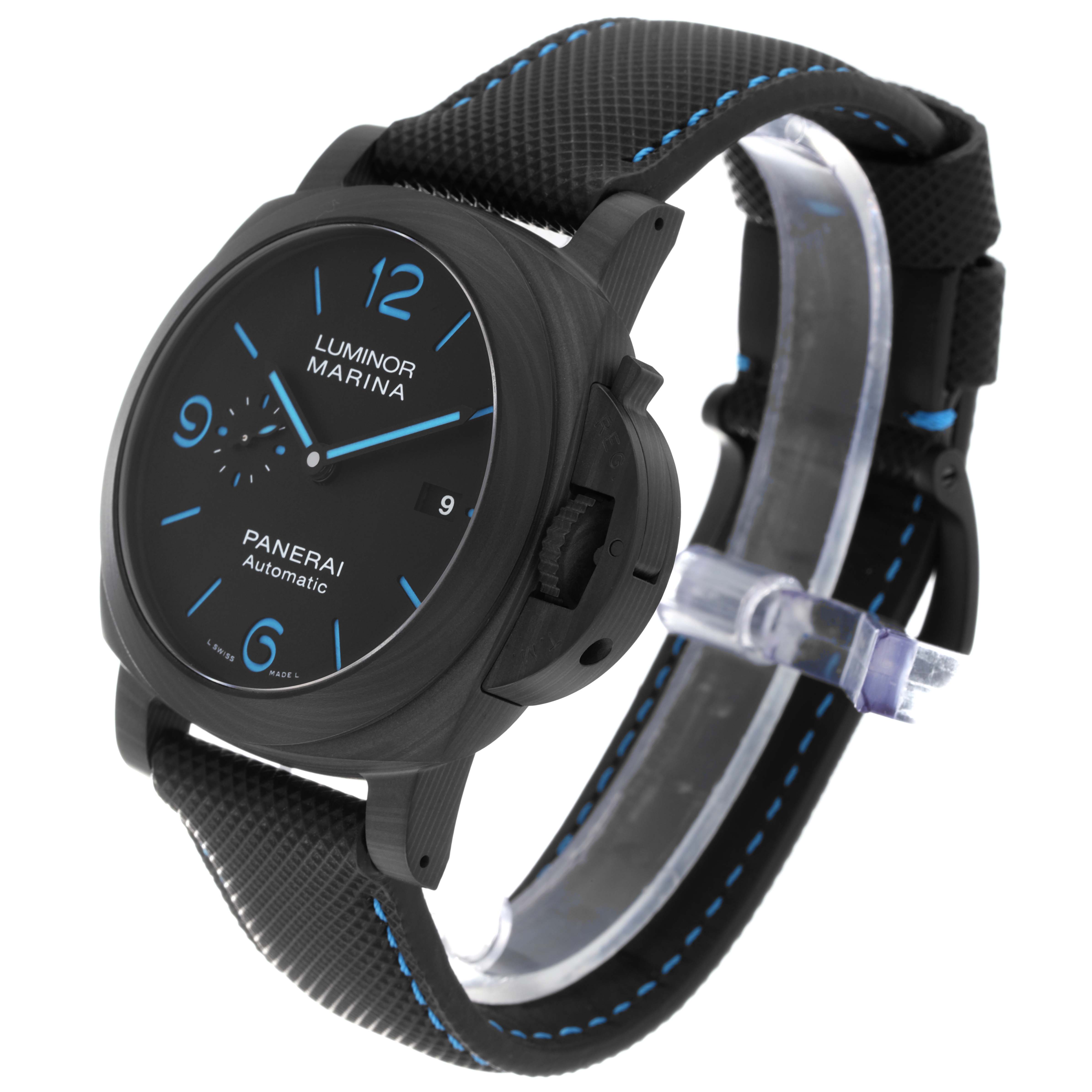 This image shows a Panerai Luminor PAM01661 Men's Ceramic Black Dial PAM01661 Men's Ceramic Black Dial Marina watch at a three-quarter angle, highlighting the dial, crown, and strap.