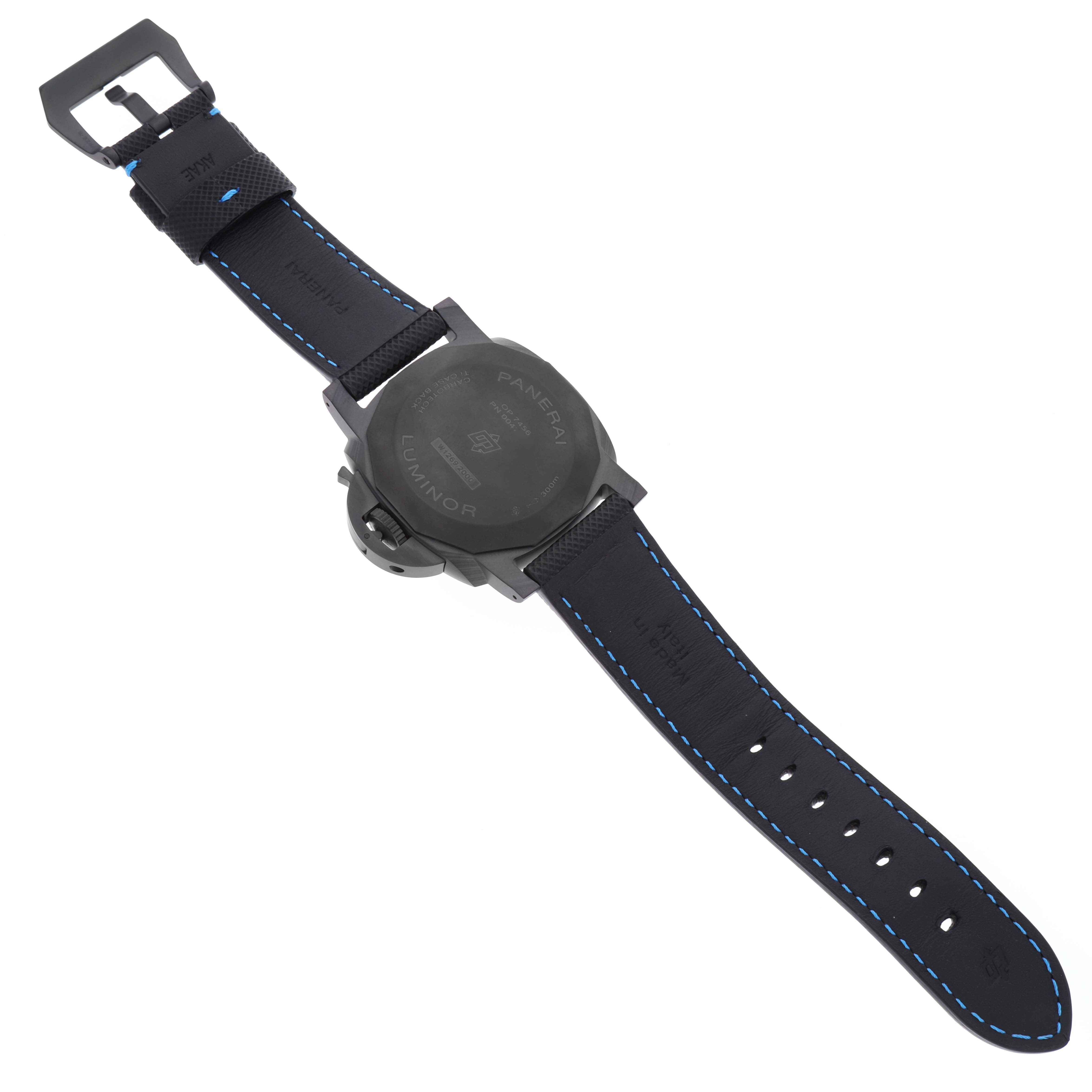 The image displays the back view of a Panerai Luminor PAM01661 Men's Ceramic Black Dial PAM01661 Men's Ceramic Black Dial watch, highlighting its case back, strap, and buckle.