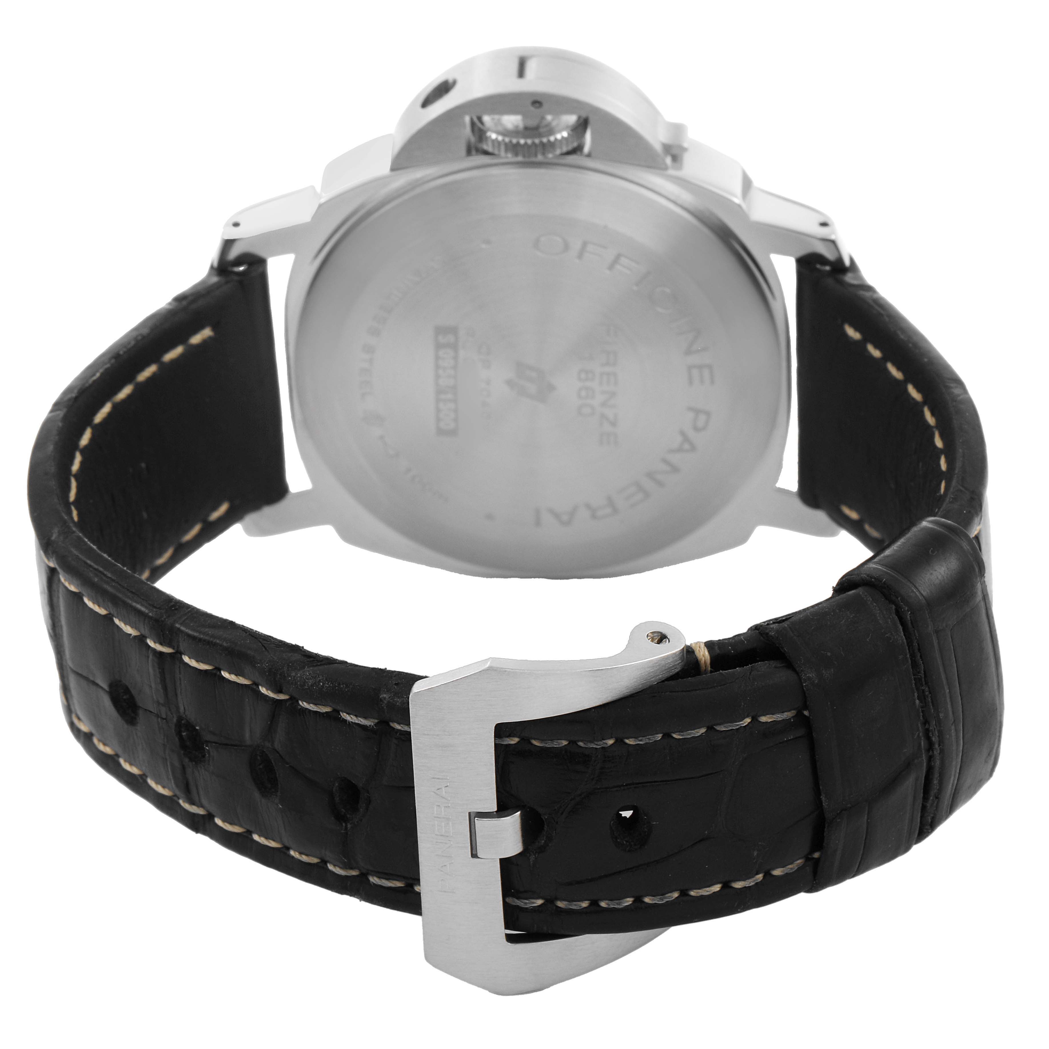 The image shows the back view of a Panerai Luminor PAM00776 Men's Stainless Steel Black Dial watch displaying the case back and a leather strap with a clasp.
