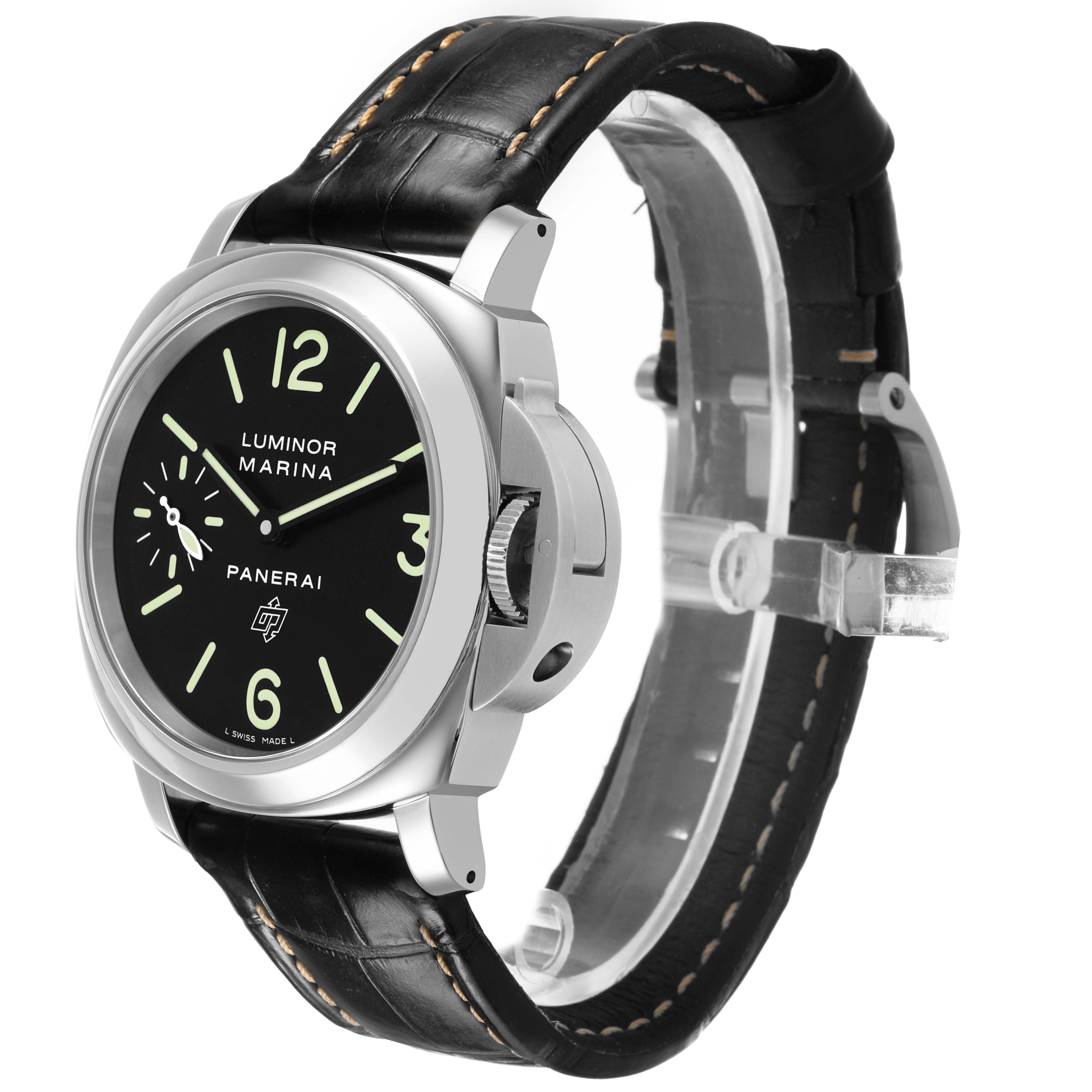 The Panerai Luminor PAM00776 Men's Stainless Steel Black Dial watch is shown at a three-quarter angle, displaying its black dial, crown guard, and leather strap.
