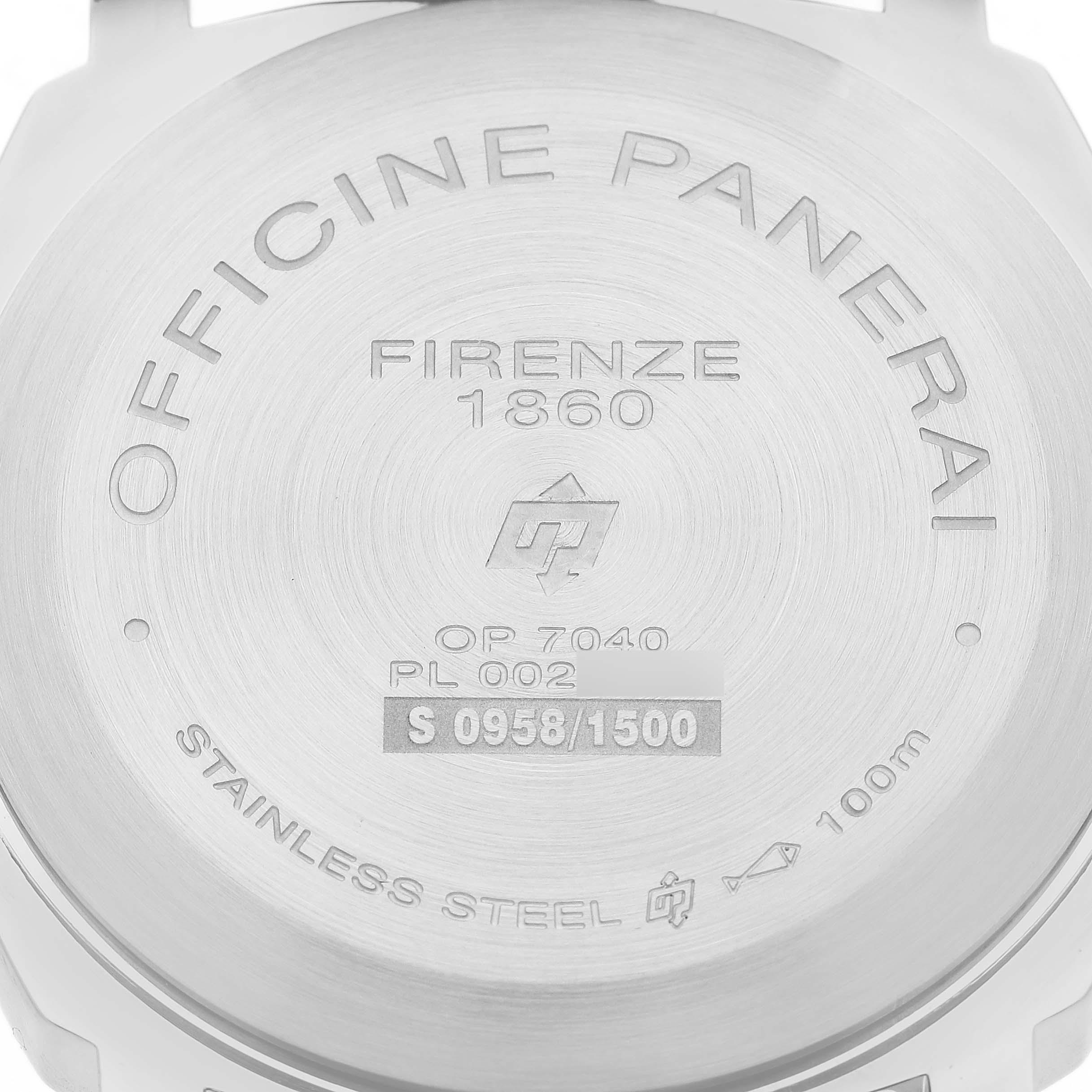 The image shows the stainless steel case back of the Panerai Luminor PAM00776 Men's Stainless Steel Black Dial watch, featuring engravings and model details.
