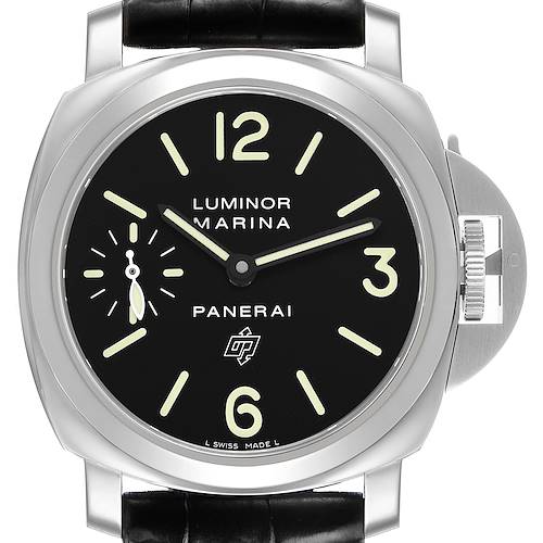 The image shows a front view of the Panerai Luminor PAM00776 Men's Stainless Steel Black Dial watch, highlighting its dial, hands, numerals, and crown guard.