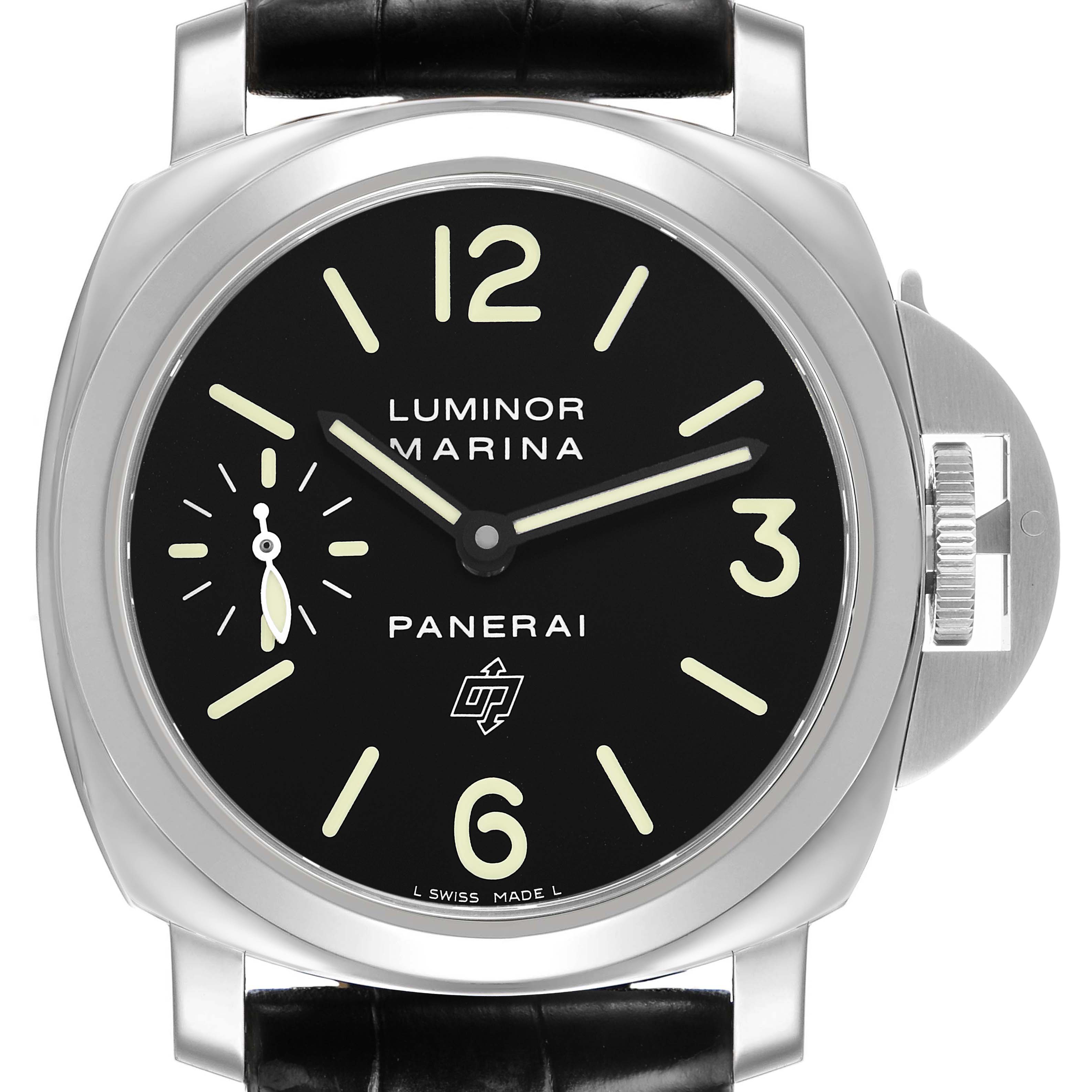 The image shows a front view of a Panerai Luminor PAM00776 Men's Stainless Steel Black Dial watch, highlighting the dial and crown guard.