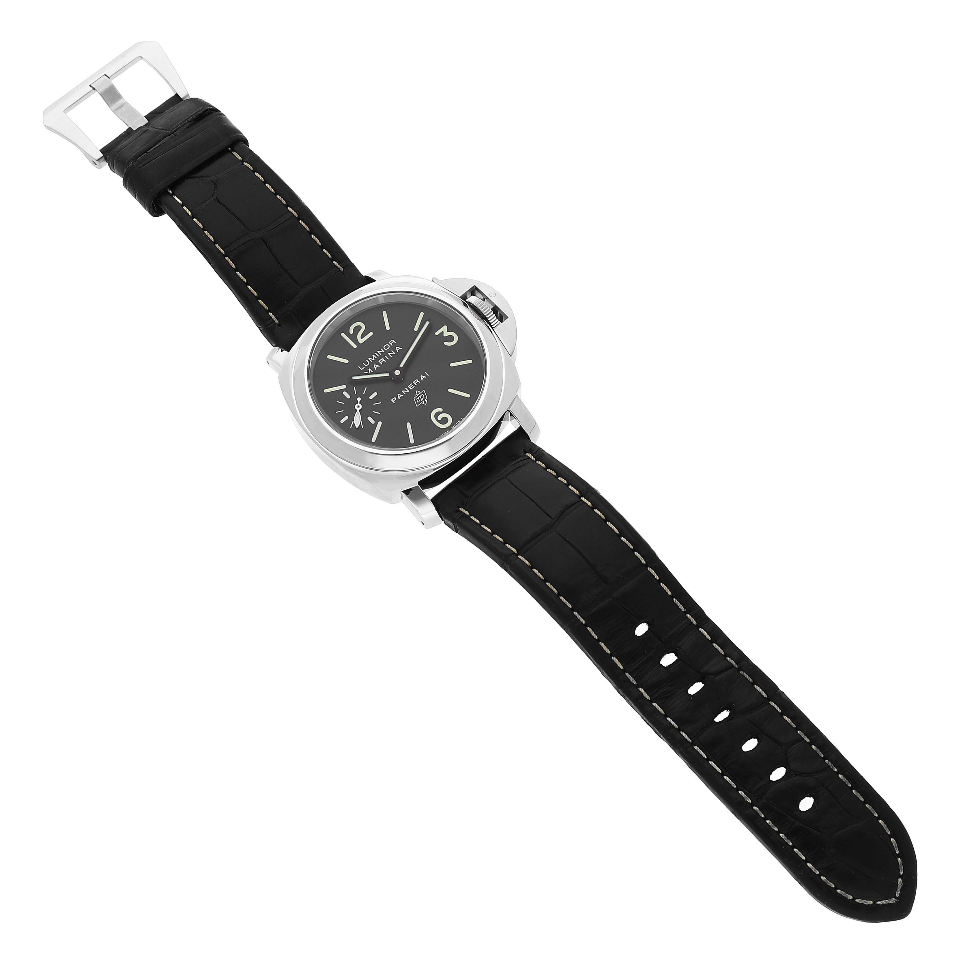 The Panerai Luminor PAM00776 Men's Stainless Steel Black Dial watch is shown from a top-down angle, highlighting its dial, case, and black leather strap.