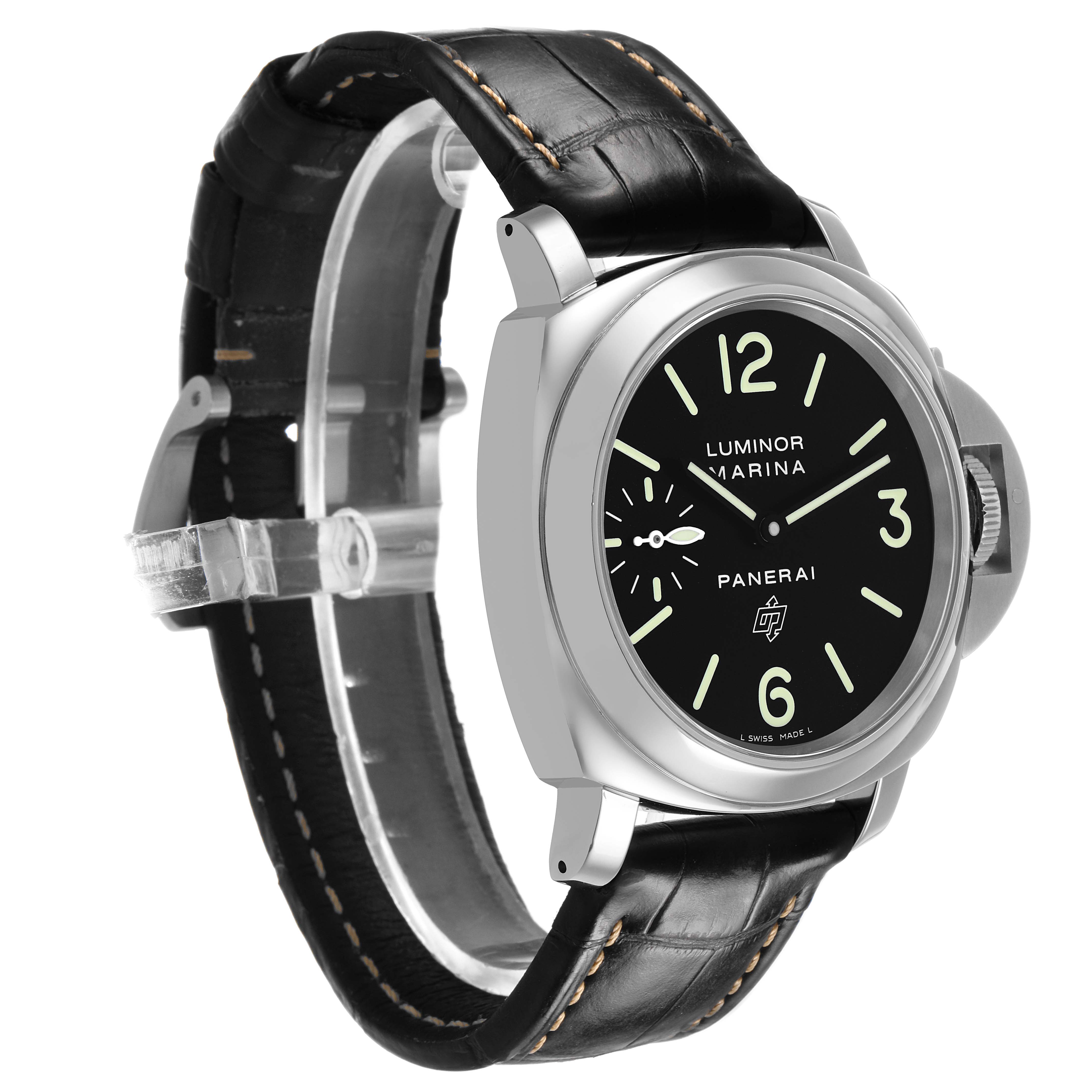 The Panerai Luminor PAM00776 Men's Stainless Steel Black Dial watch is shown from an angled front view, highlighting the black dial, casing, and leather strap.
