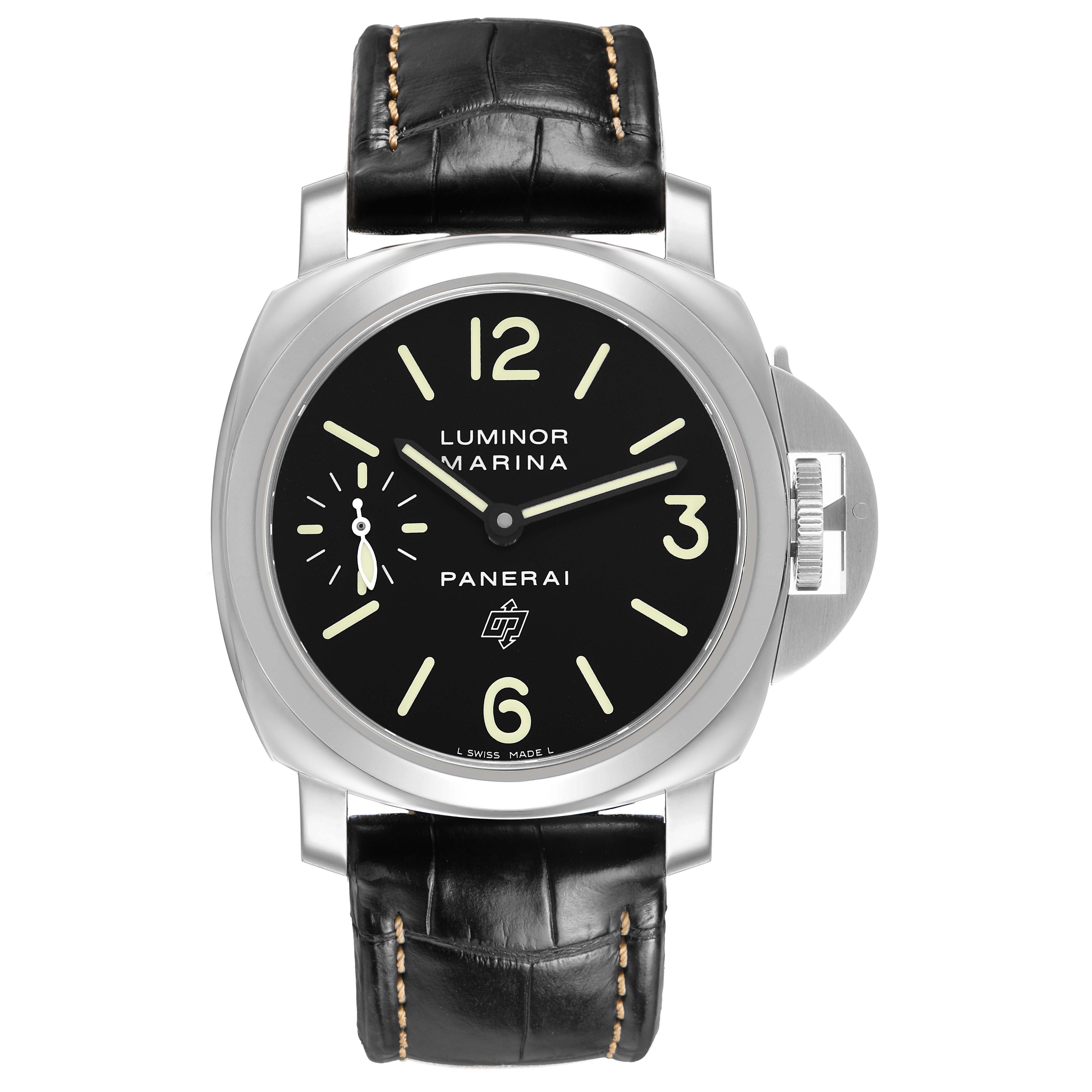 The Panerai Luminor PAM00776 Men's Stainless Steel Black Dial watch is shown from the front, featuring its black dial, distinctive crown guard, and leather strap.