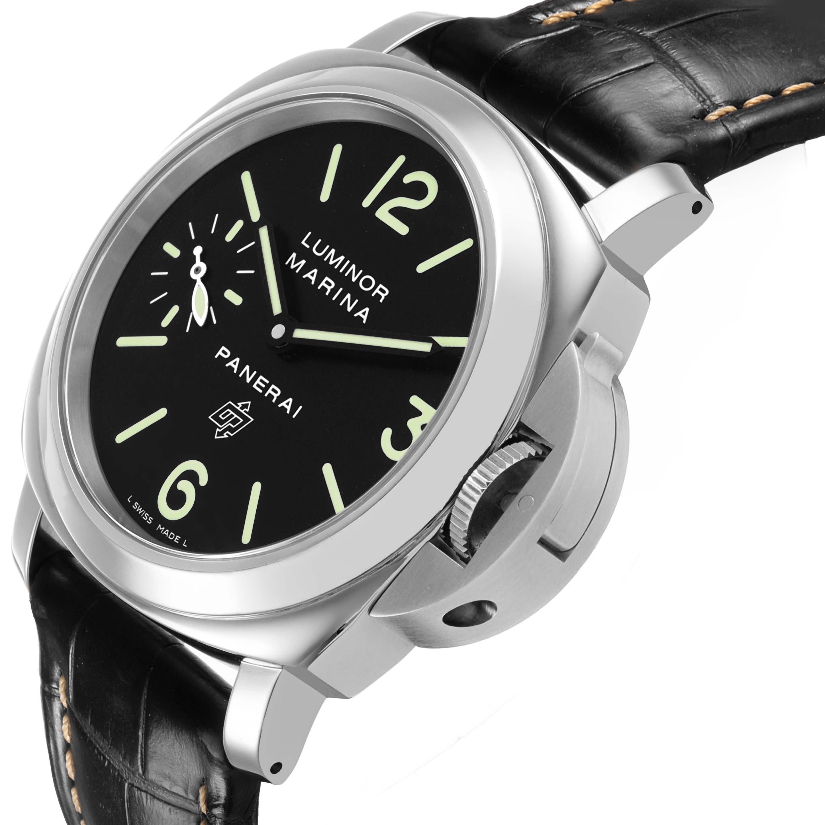 The Panerai Luminor PAM00776 Men's Stainless Steel Black Dial watch is shown at a side angle, highlighting the crown guard, black dial, and leather strap.