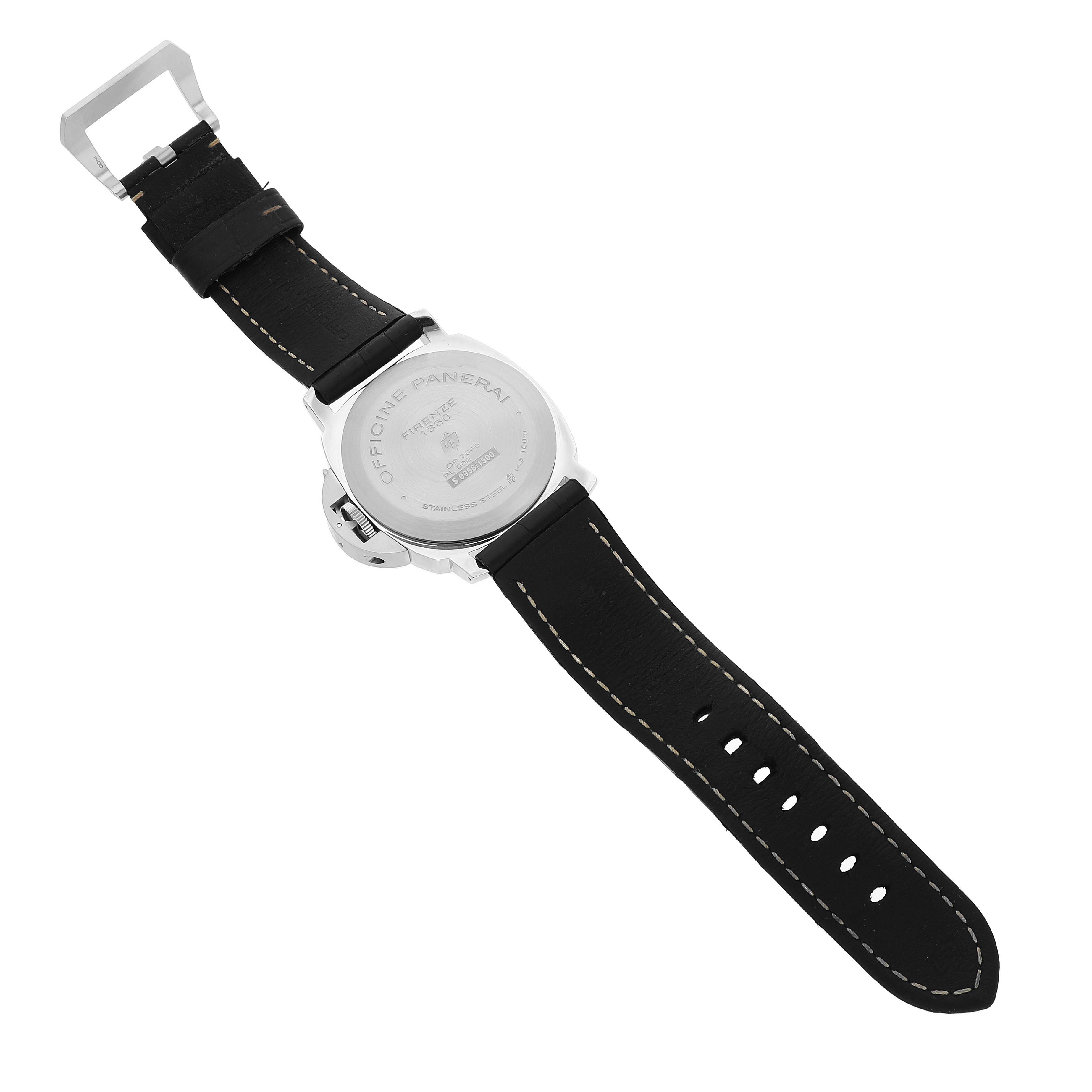 The image shows the back of the Panerai Luminor PAM00776 Men's Stainless Steel Black Dial watch, highlighting the case back and leather strap.