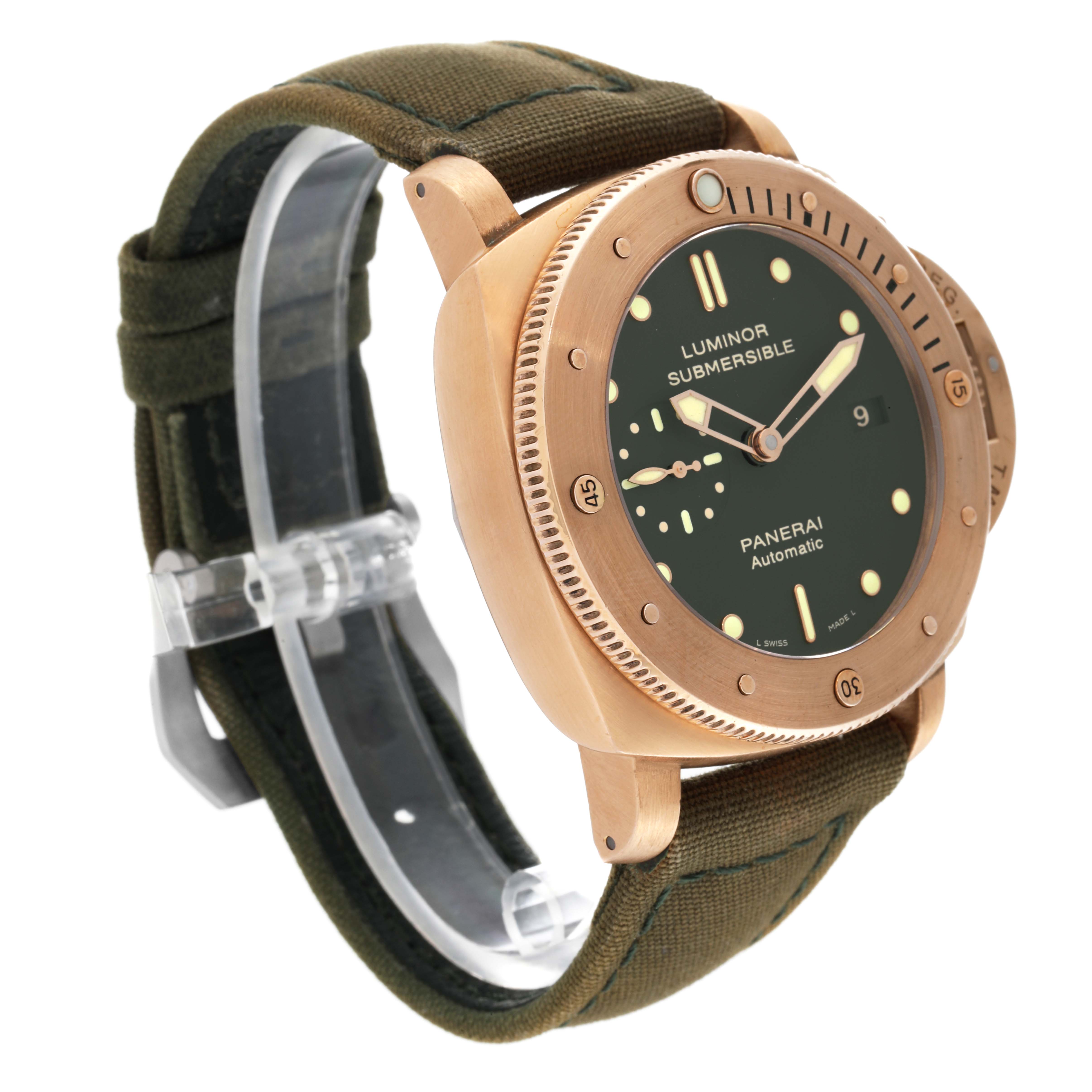 The Panerai Submersible PAM00382 Men's Bronze Black Dial PAM00382 Men's Bronze Black Dial watch is shown at a three-quarter angle, featuring its bronze case, green dial, and green fabric strap.